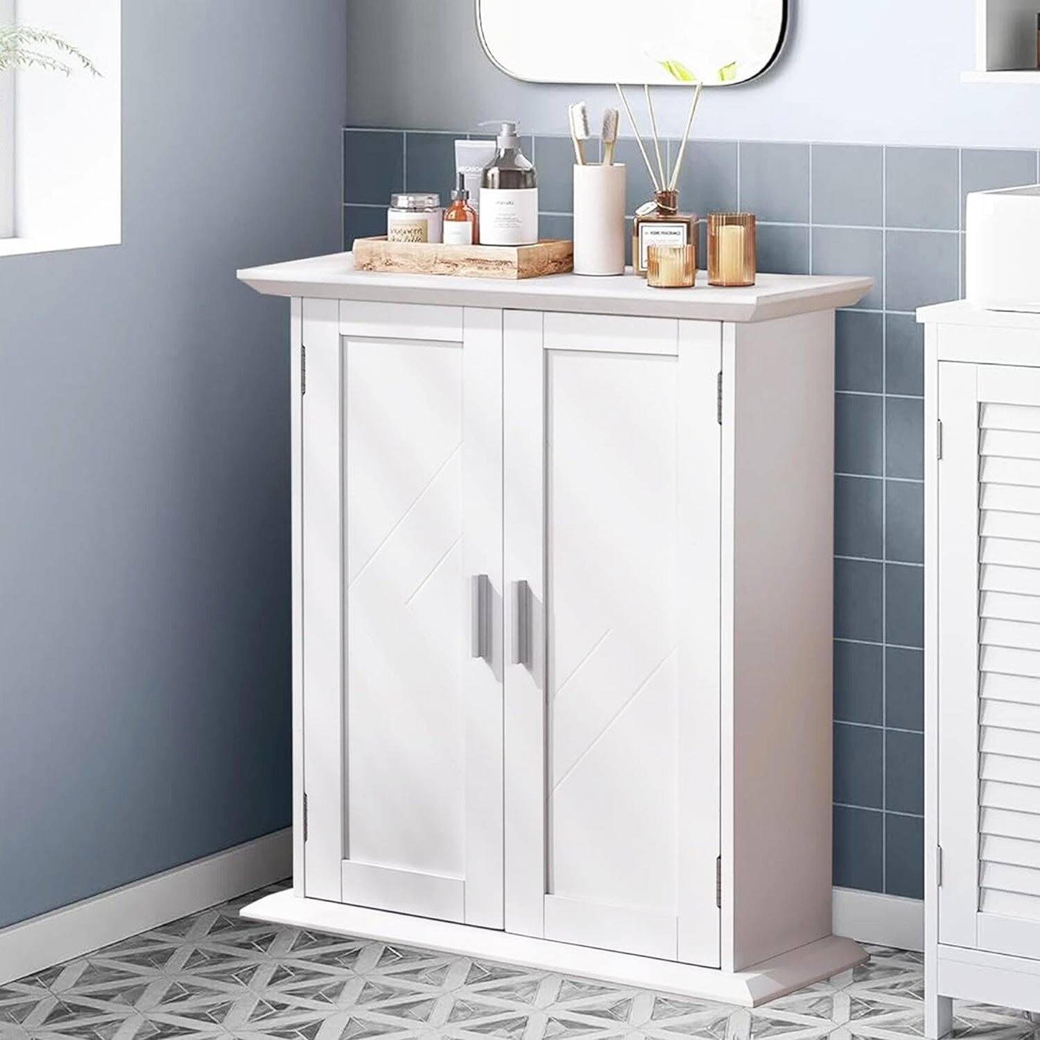 Front. Vecelo - Freestanding Bathroom Storage Cabinet with Adjustable Shelves, Waterproof MDF Floor Cabinet for Small Spaces - White.