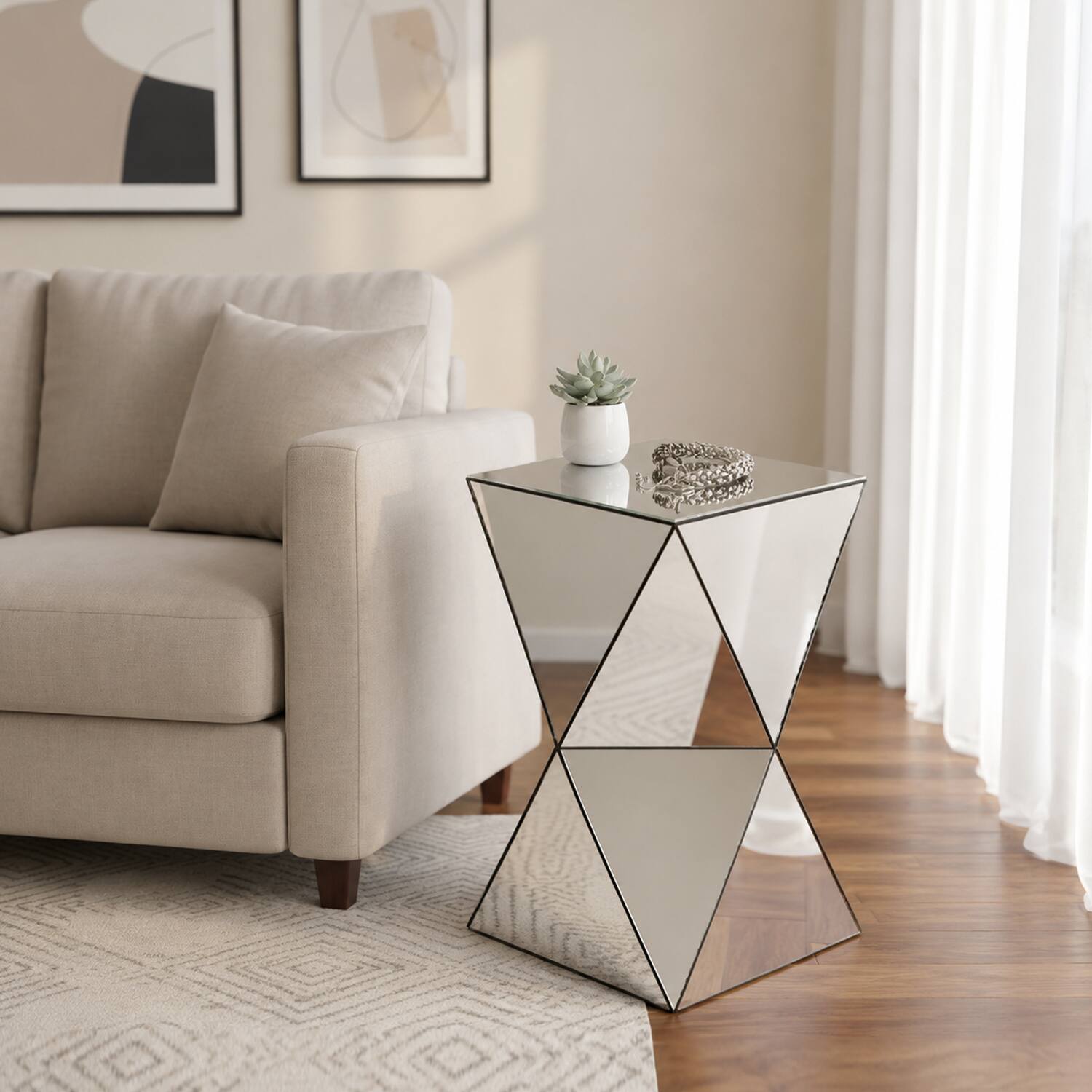 Back. Loheer - Loheer Mirrored Side Table Geometric End Table Silver Accent Table Modern Nightstand for Living Room Bedroom - Silver.