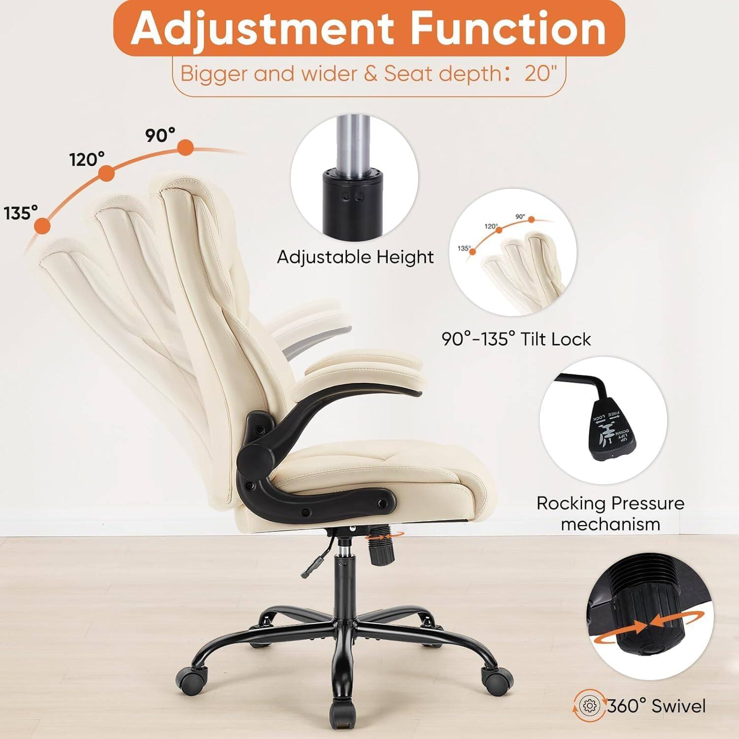 Adjustment Function  
Bigger and wider & Seat depth: 20"  

Adjustable Height  
90°-135° Tilt Lock  
Rocking Pressure mechanism  
360° Swivel