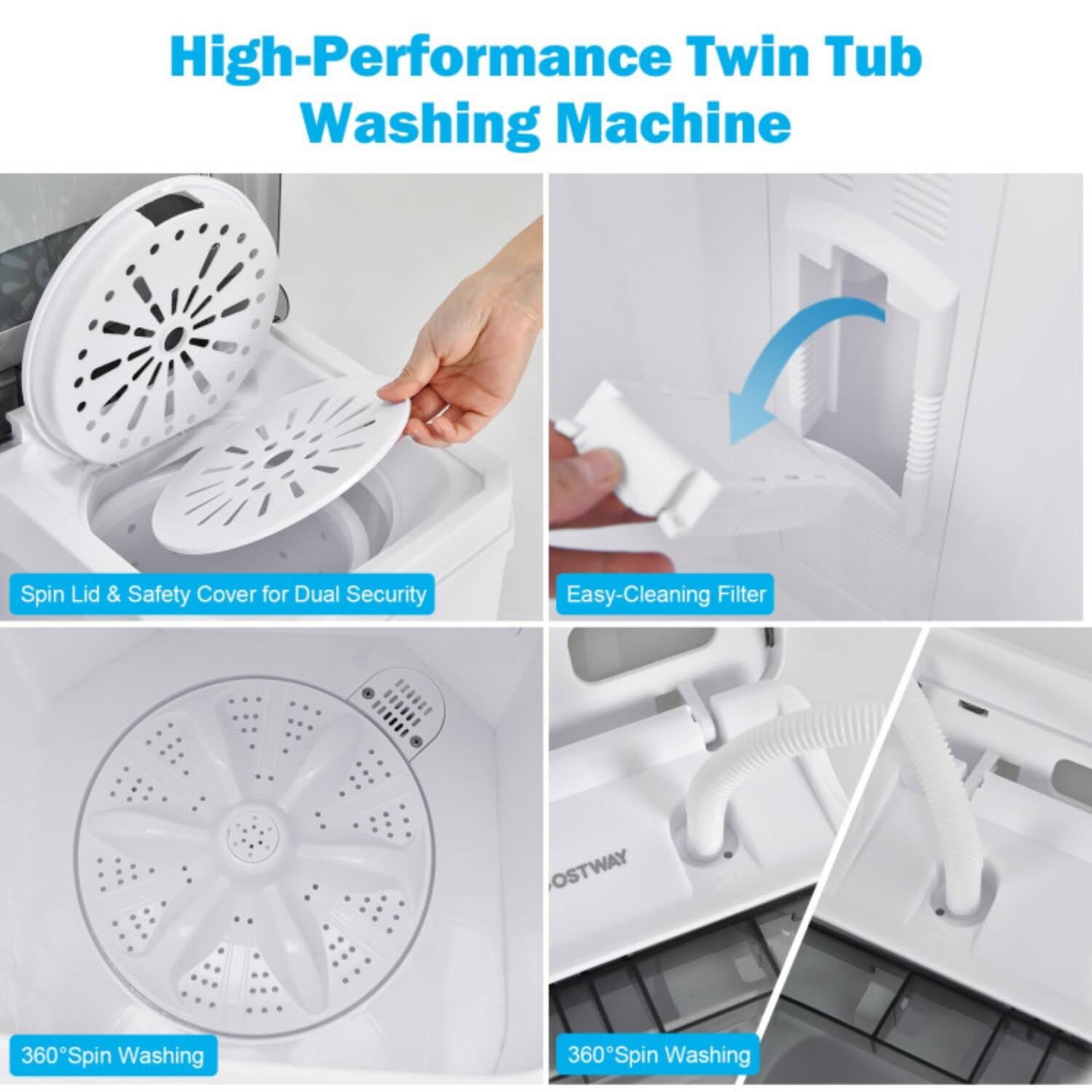 High-Performance Twin Tub Washing Machine

- Spin Lid & Safety Cover for Dual Security
- Easy-Cleaning Filter
- 360° Spin Washing
- 360° Spin Washing