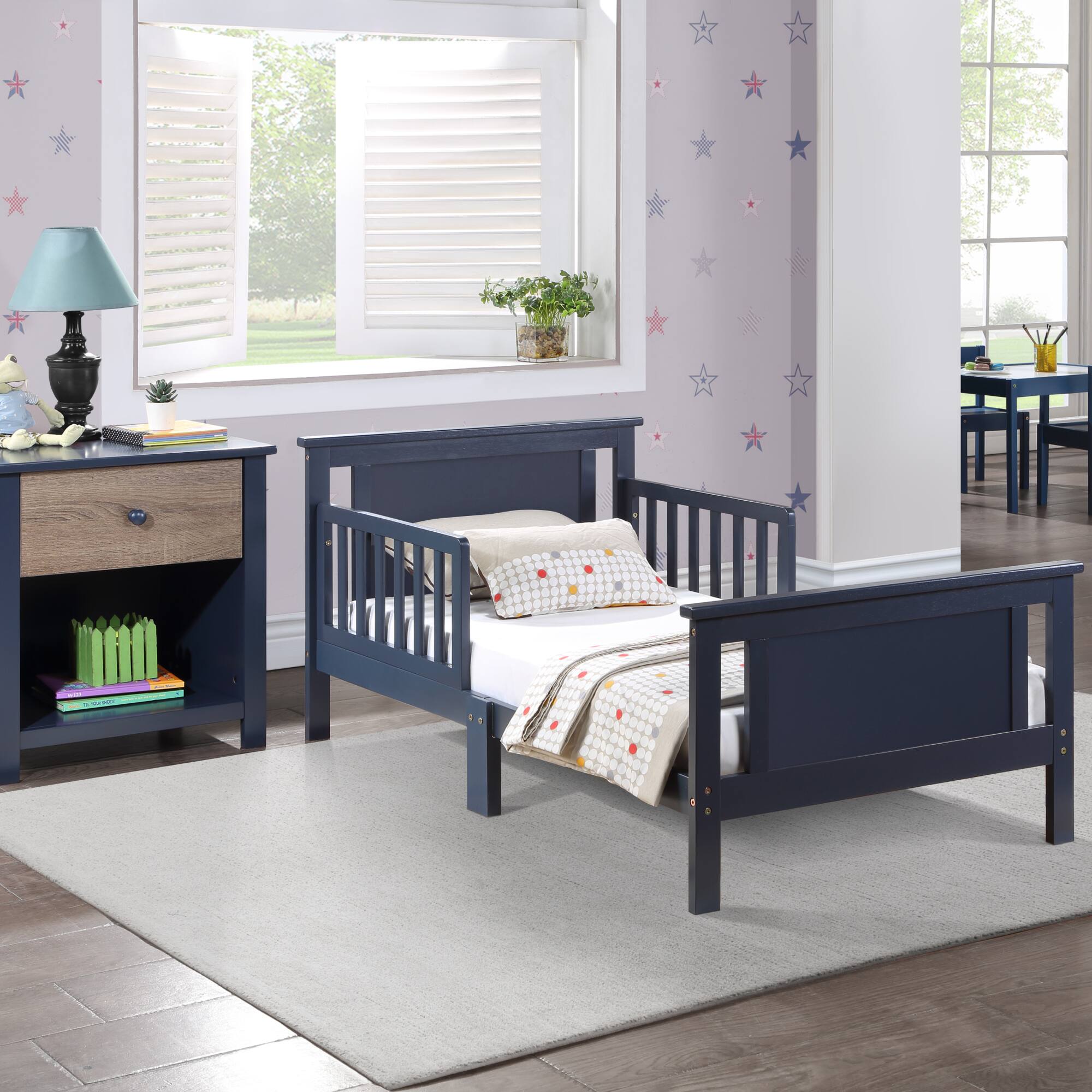 Left. GOODSILO - Reversible Panel Toddler Bed with Dual-Tone Finish for Growing Children, Solid Wood Construction - Blue.