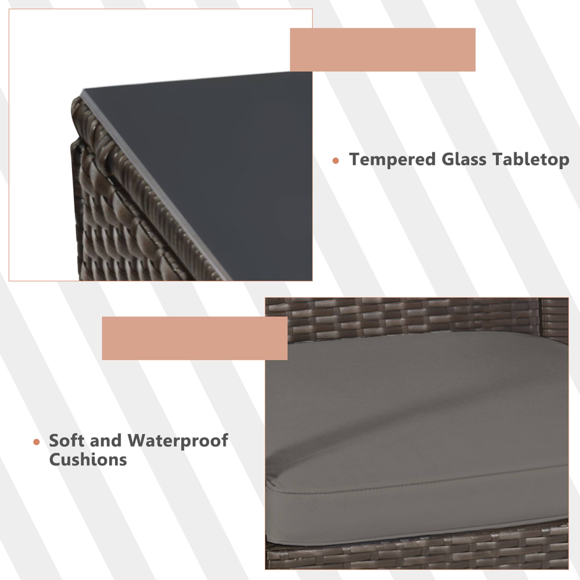 Tempered Glass Tabletop
Soft and Waterproof Cushions