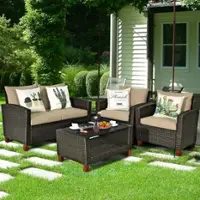 Costway 4PCS Patio Rattan Furniture Set Solid Wood Leg Cushioned Sofa Garden Lawn - as pic - Front_Zoom