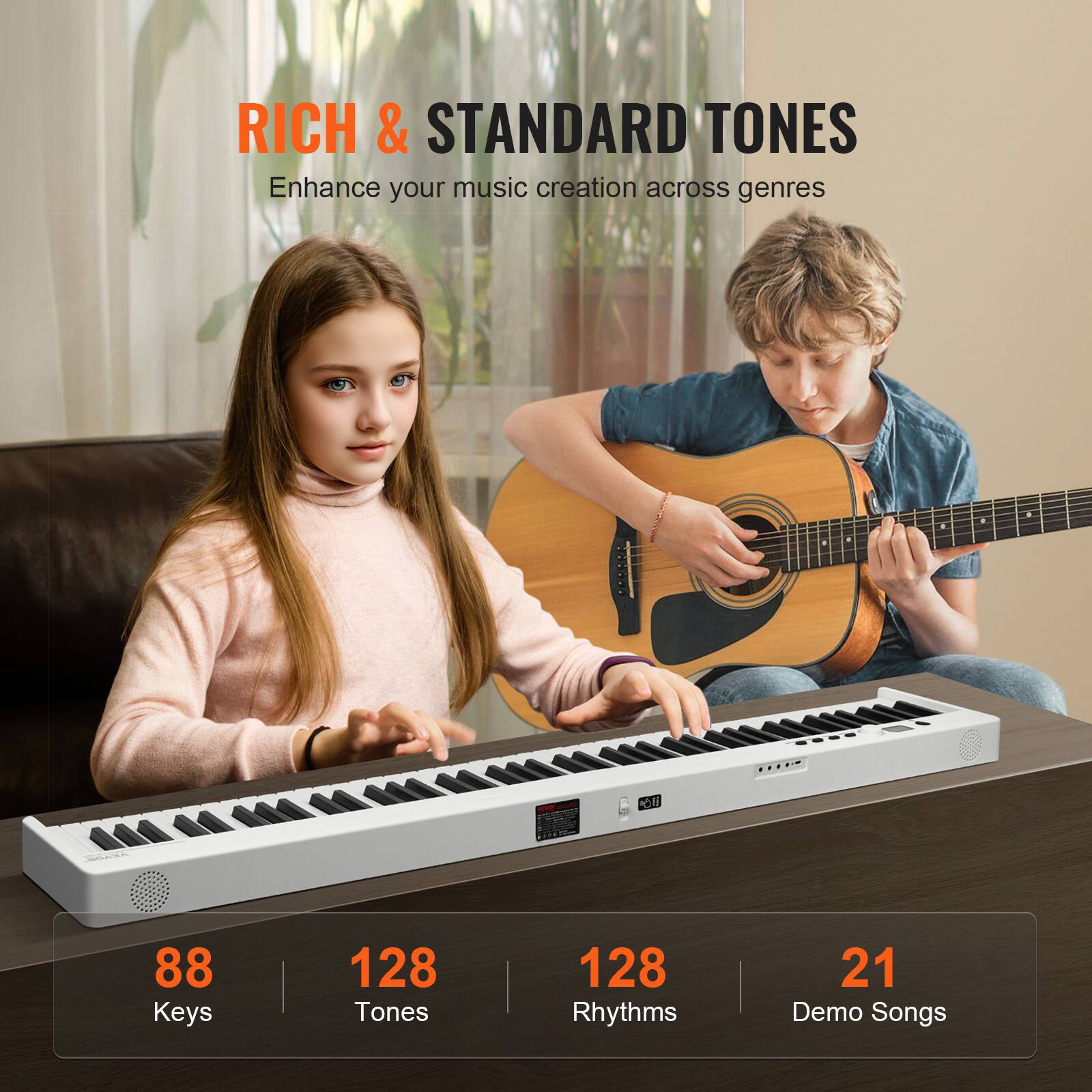 RICH & STANDARD TONES  
Enhance your music creation across genres  

88 Keys  
128 Tones  
128 Rhythms  
21 Demo Songs