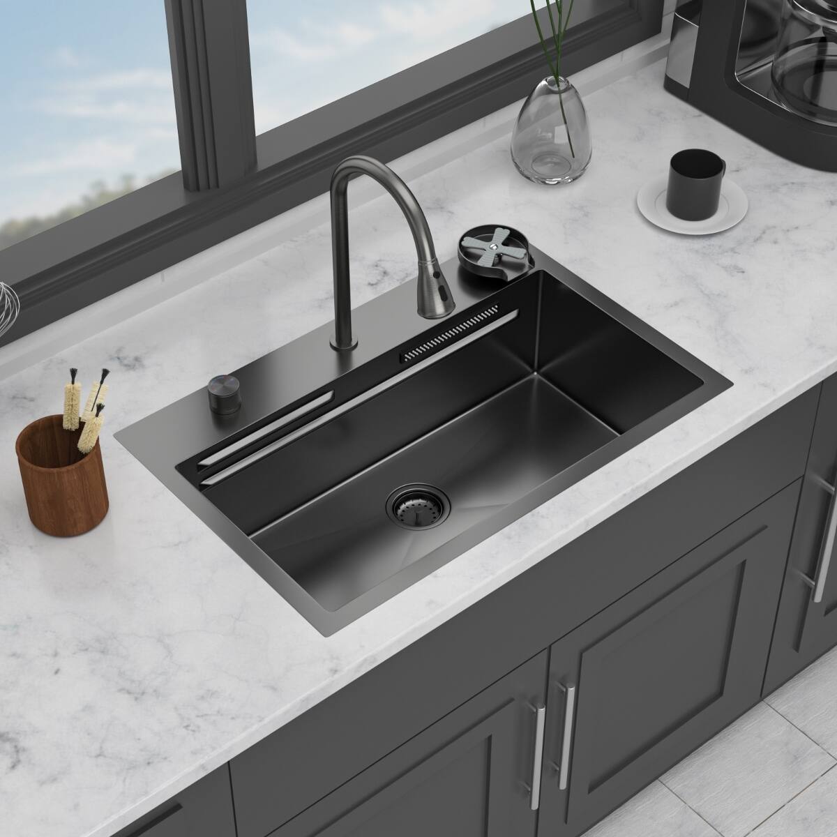 Left. Ropilly - Ropilly 31.5 Inch Drop In Waterfall Kitchen Sink Gunmetal Black Single Bowl Workstation with Pull Down Faucet - Gunmetal Black.