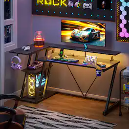Furnulem - 55 In Gaming Desk with Monitor StandCPU StandPower OutletLED LightHome Office Desk with Cup HolderHeadphone Hook - Black