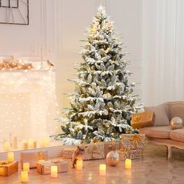 Gymax - 7ft Snow Flocked Decoration Christmas Tree w/LED Lights & PE & PVC Tips - Green