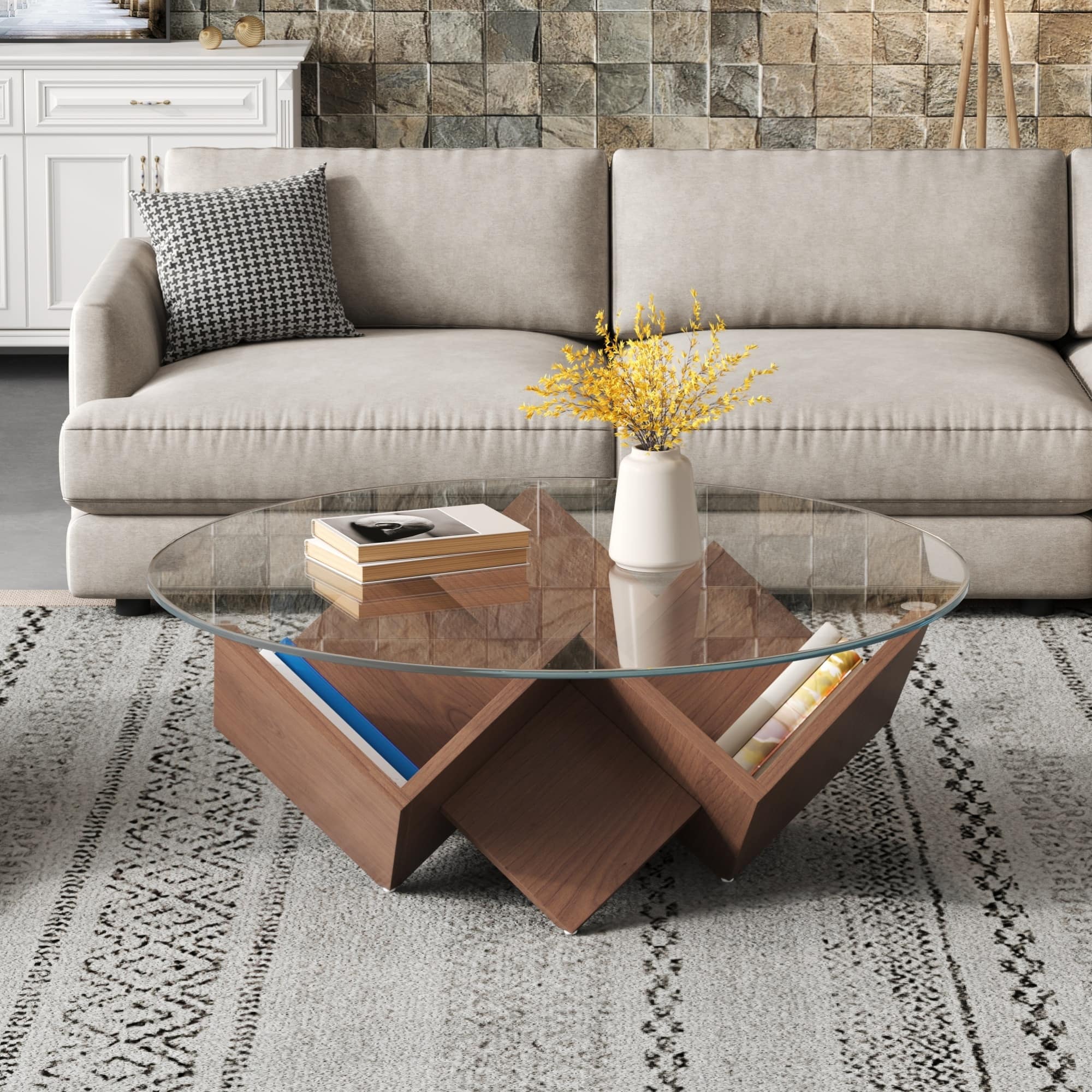 GOODSILO - Round Coffee Table with Tempered Glass Top and Geometric Art Deco Style Storage Base - Walnut