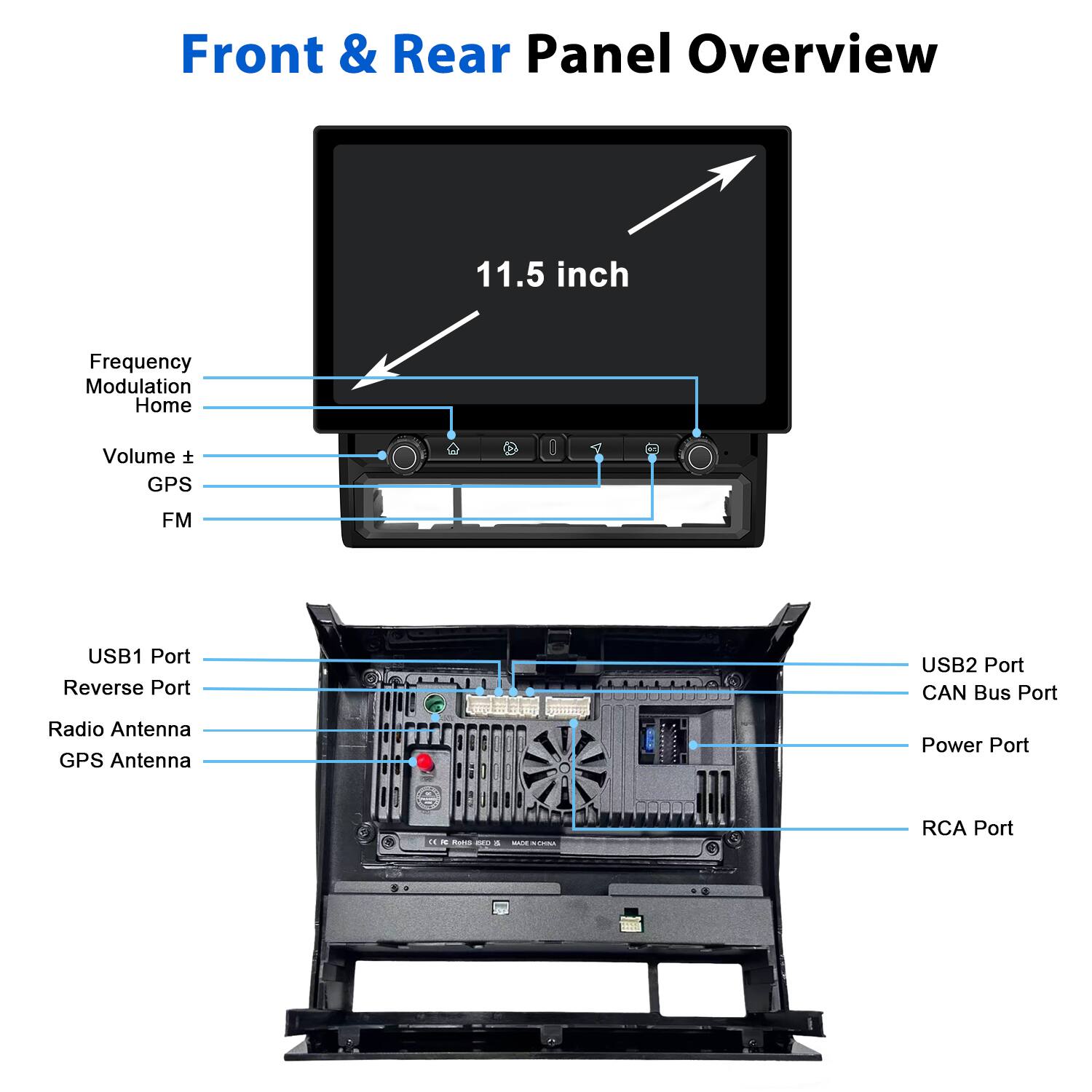 Front & Rear Panel Overview

11.5 inch

- Frequency Modulation
- Home
- Volume ±
- GPS
- FM

- USB1 Port
- Reverse Port
- Radio Antenna
- GPS Antenna

- USB2 Port
- CAN Bus Port
- Power Port
- RCA Port
