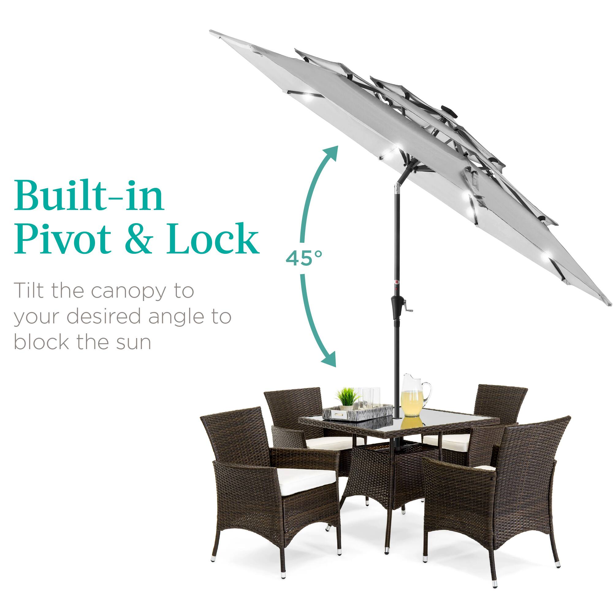 Built-in Pivot & Lock

Tilt the canopy to your desired angle to block the sun

45°