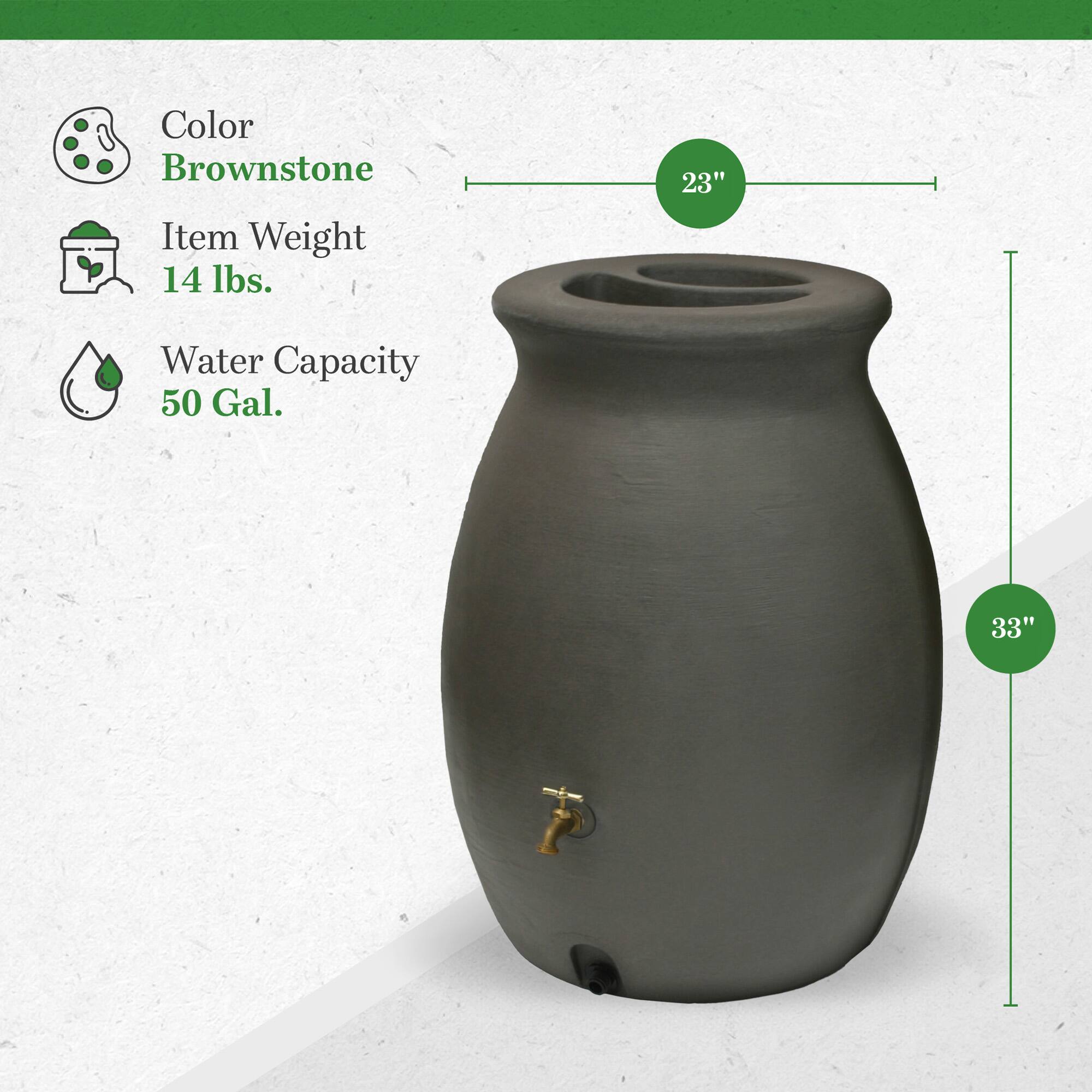 Color: Brownstone  
Item Weight: 14 lbs.  
Water Capacity: 50 Gal.  
Height: 33"  
Width: 23"