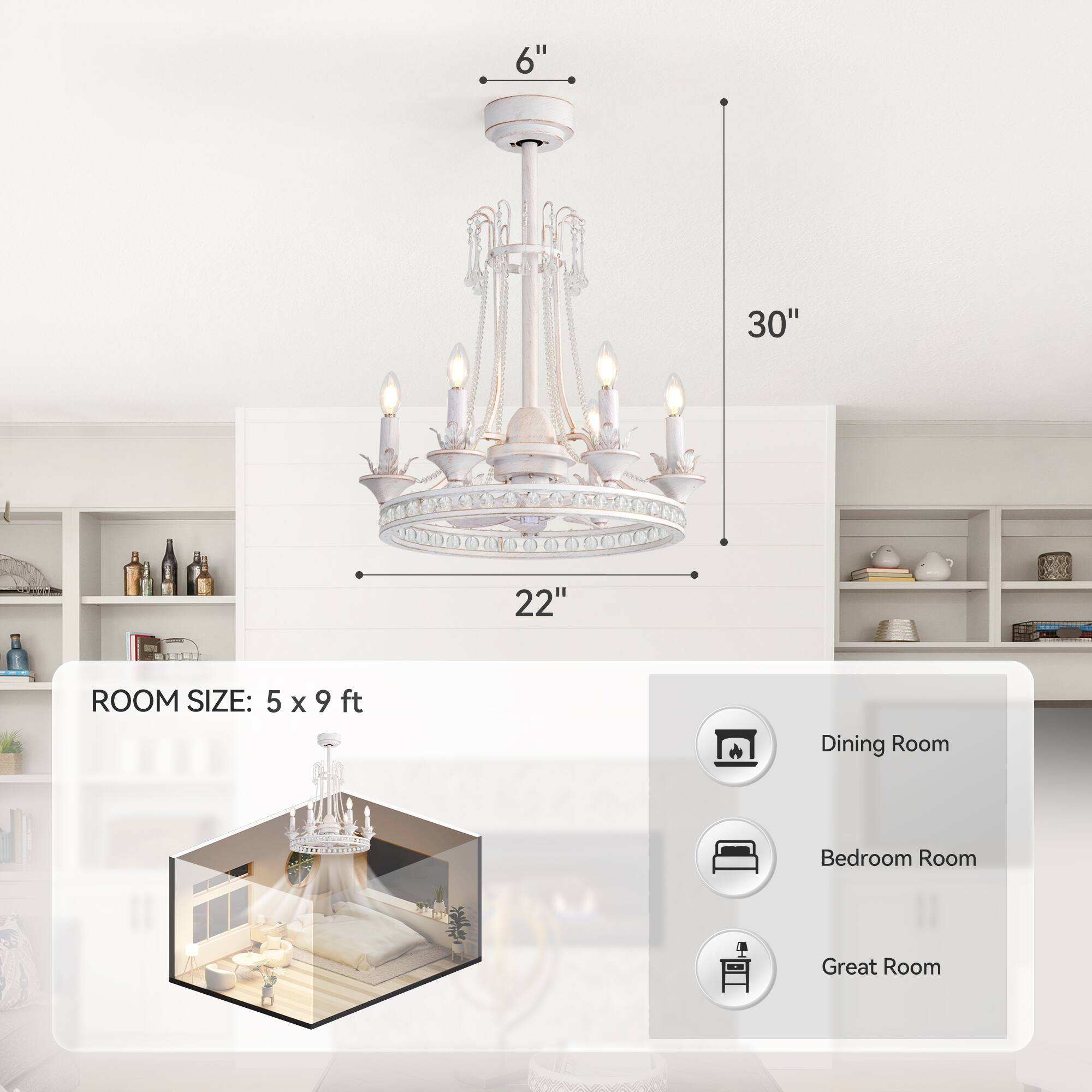 6"  
30"  
22"  

ROOM SIZE: 5 x 9 ft  

Dining Room  
Bedroom Room  
Great Room