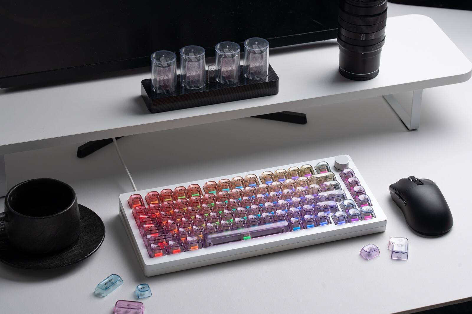 Left. Womier - 125 Keys Clear Custom Key Cap,MOA Profile Transparent Shine Through Key caps for Mx Switches Mechanical Keyboard - Purple-125 Keys.