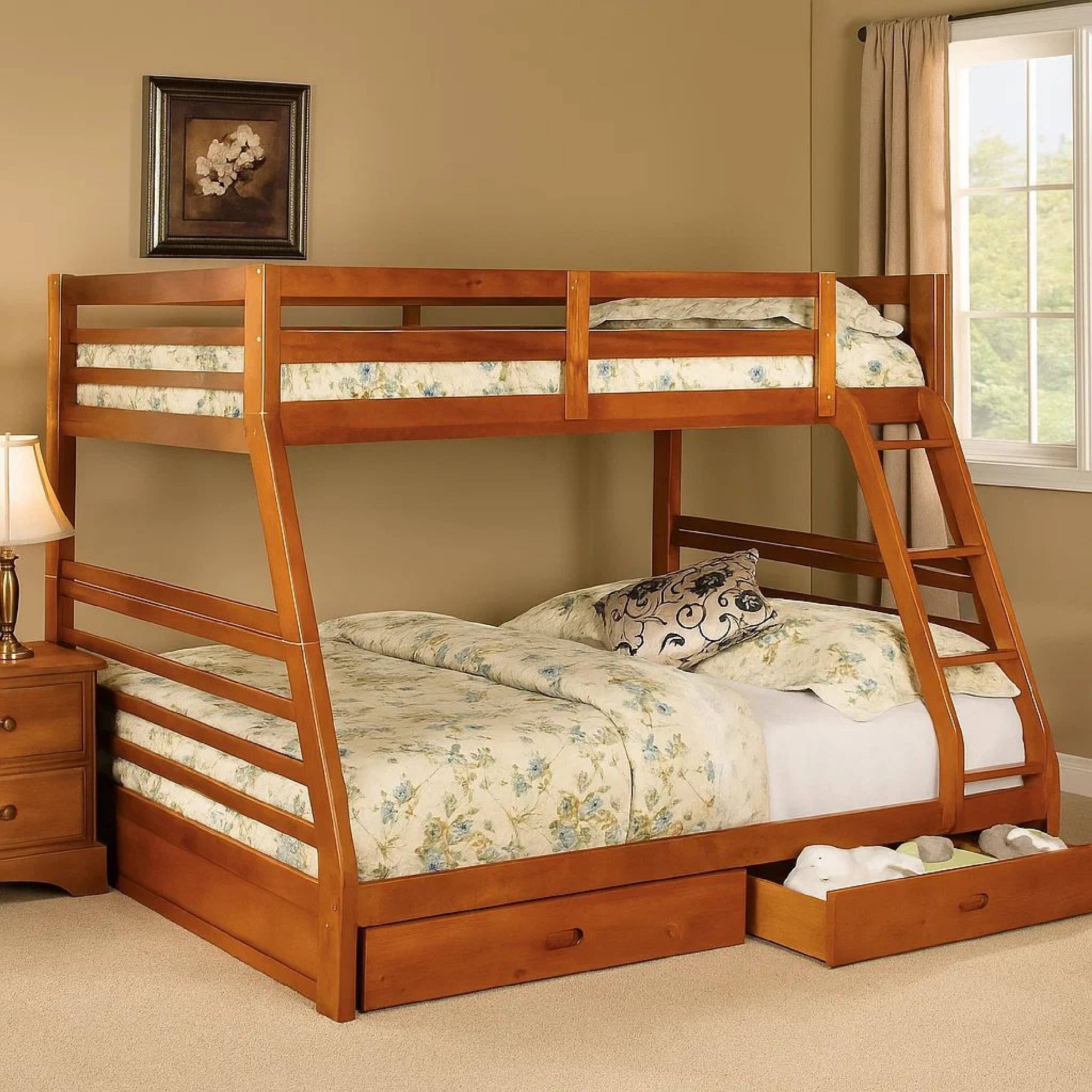 Alt View 6. Manhattan Lane - Transitional Style Twin Over Full Bunk Bed with Drawers, Oak Brown - Brown.