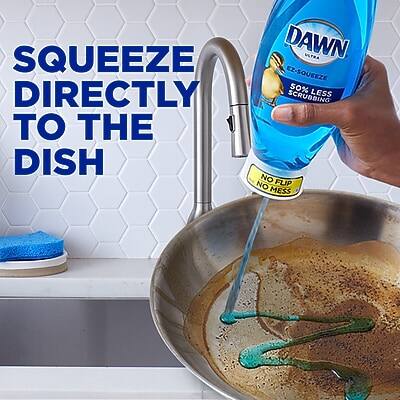 SQUEEZE DAWN EZ-SQUEEZE DIRECTLY TO THE DISH  
50% LESS SCRUBBING  
NO FLIP NO MESS
