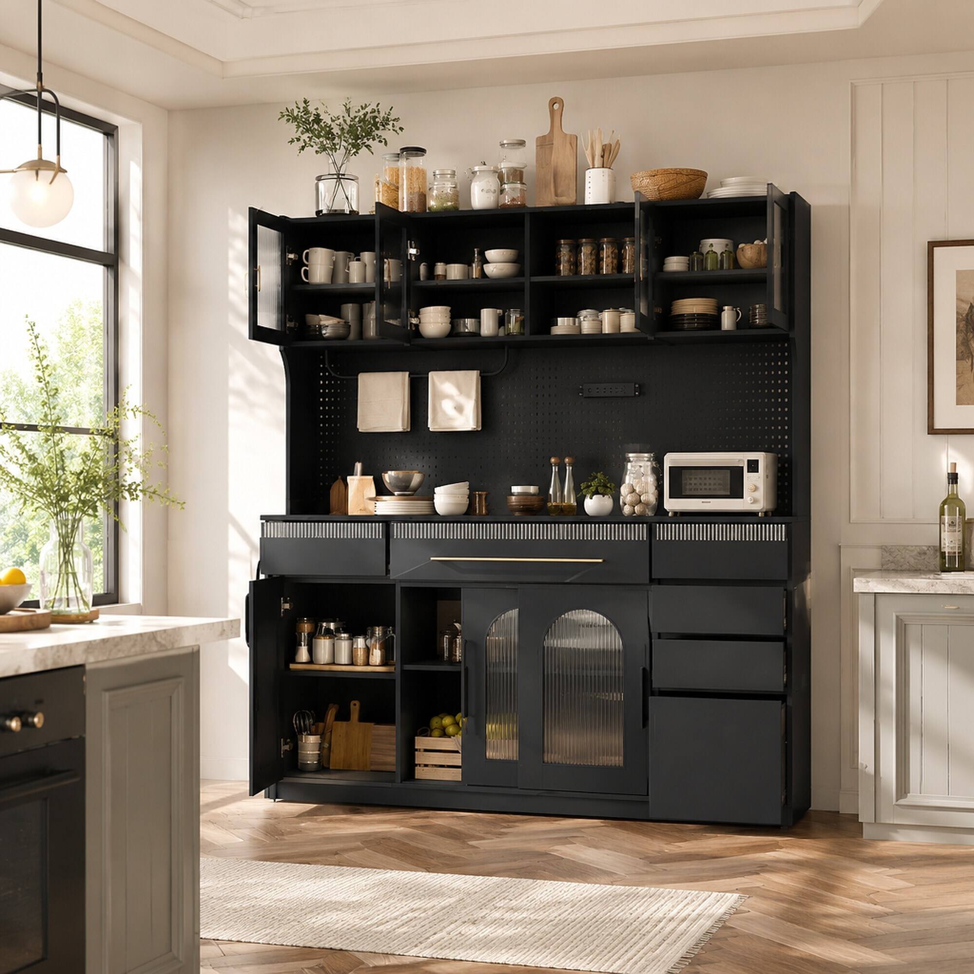 Angle. RYHNUYNE - Freestanding 63 Inch Buffet with Hutch, Coffee Bar Storage Cabinet with 6 Drawers and Power Outlet, Black - Black.