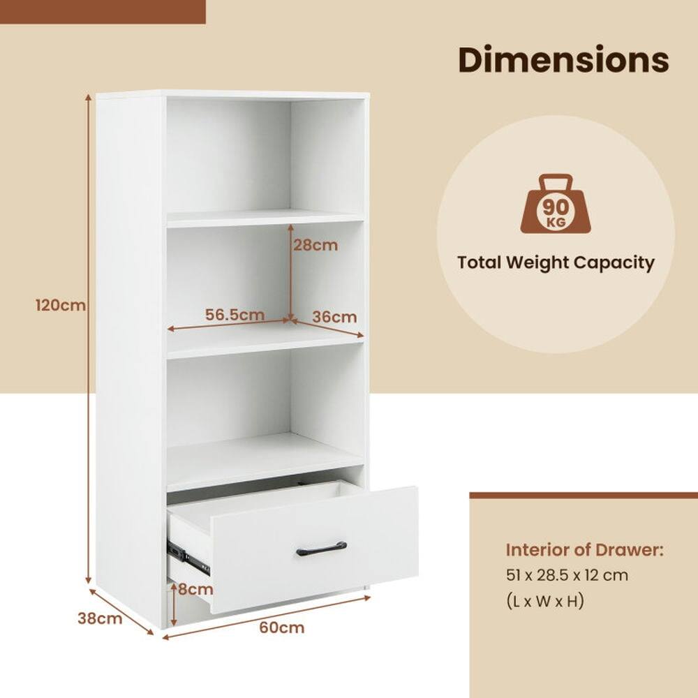 Dimensions:  
- Height: 120cm  
- Width: 56.5cm  
- Depth: 38cm  
- Shelf Height: 28cm  
- Drawer Height: 8cm  
- Drawer Interior: 51 x 28.5 x 12 cm (L x W x H)  

Total Weight Capacity: 90 KG