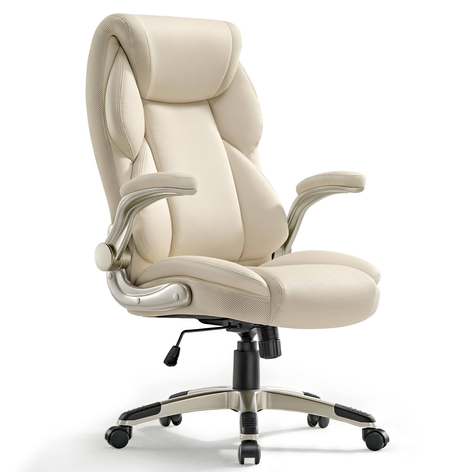 Angle. Eureka Ergonomic - Modern Executive Home Office Chair, High Back Cream Leather Desk Chair with Double Padded Seat & Flip-Up Arms - Off White.