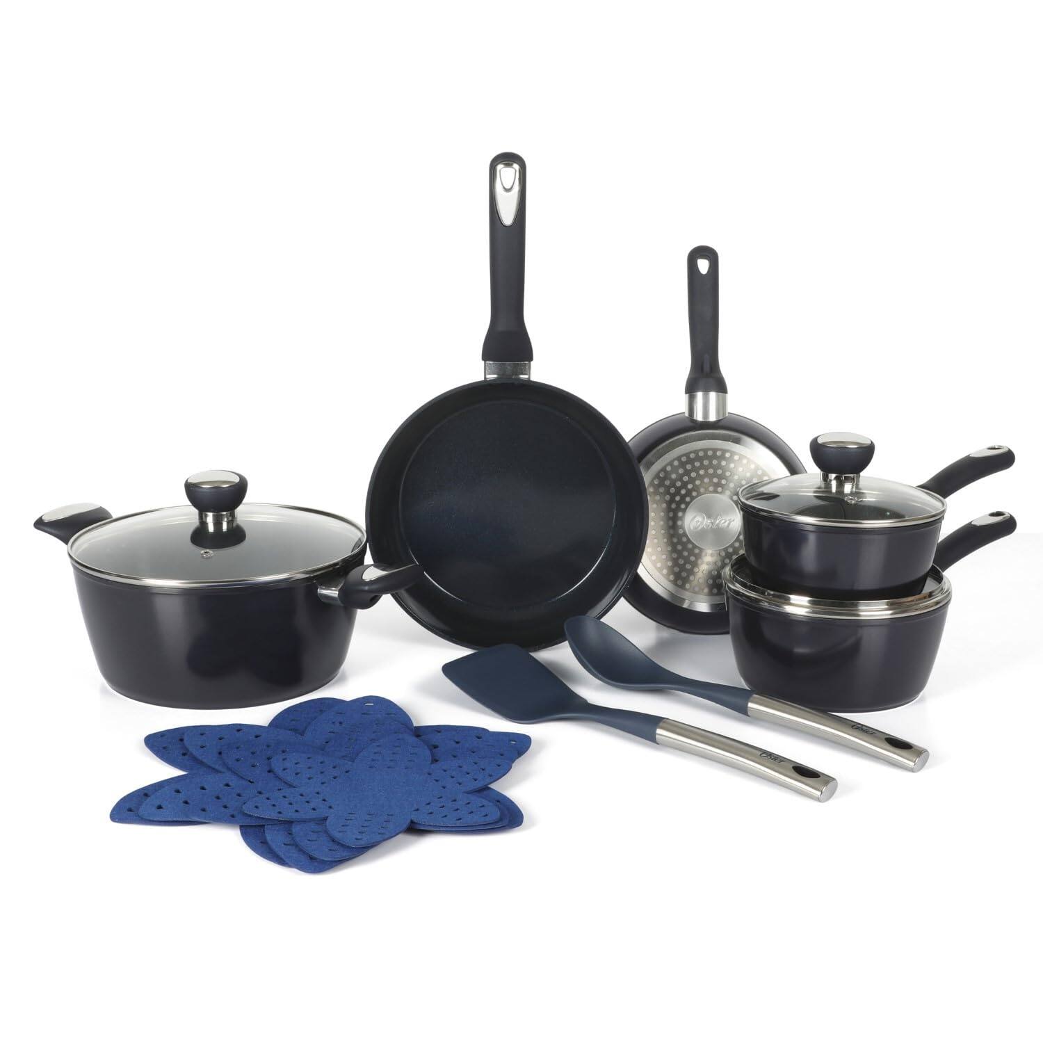 Alt View 1. Martha Stewart - Oster Hawke 14 Piece Ceramic Nonstick Cookware Set in Dark Blue - Mint.