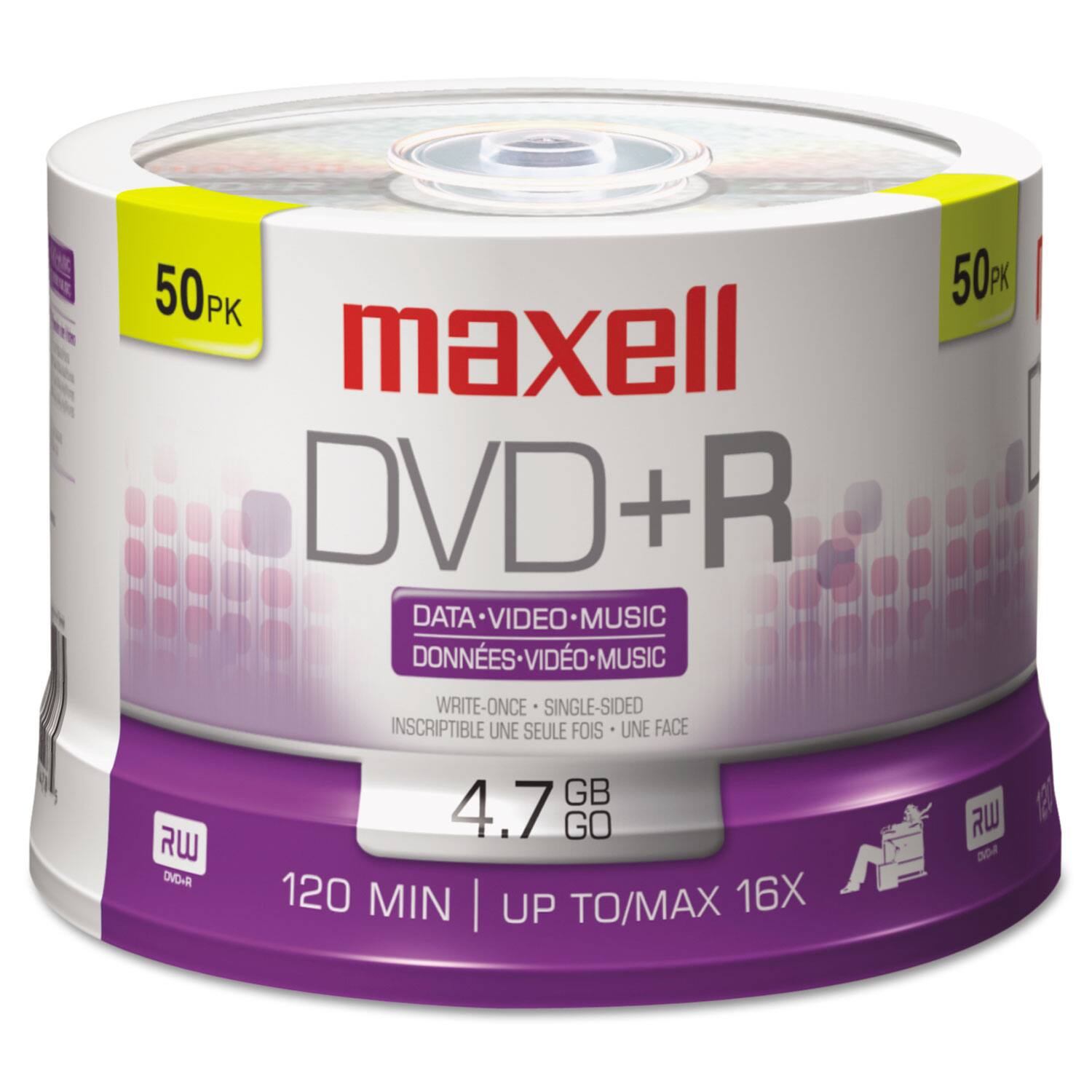 50 PK  
maxell  
DVD+R  
DATA • VIDEO • MUSIC  
DONNÉES • VIDÉO • MUSIQUE  
WRITE-ONCE • SINGLE-SIDED  
INSÉCRITIBLE UNE SEULE FOIS • UNE FACE  
4.7 GB  
120 MIN | UP TO/MAX 16X  
RW DIG+R