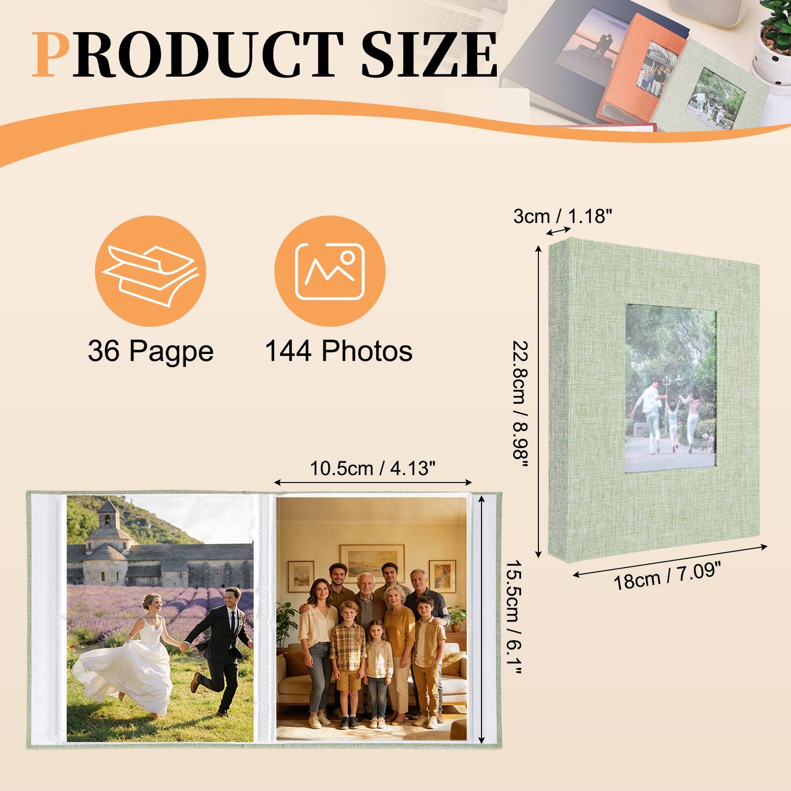 PRODUCT SIZE

36 Pages

144 Photos

10.5cm / 4.13"

3cm / 1.18"

22.8cm / 8.98"

15.5cm / 6.1"

18cm / 7.09"