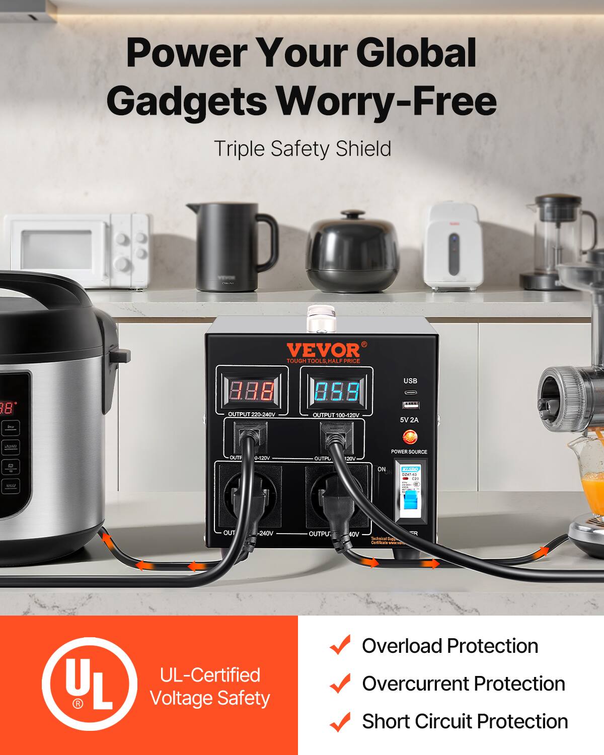 Power Your Global Gadgets Worry-Free Triple Safety Shield

VEVOR TOUGH TOOLS HALF PRICE

88
8.88 CUTPUT 220-240V
888 OUTPUT 100-120V
USB 5V 2A
WOW
OUTF
0-120V
OUTPL
120V
POWER SOURCE
ON
RISING QUALITY

OUT
-240V
OUTPUT 40V

UL-Certified Voltage Safety
Overload Protection
Overcurrent Protection
Short Circuit Protection
