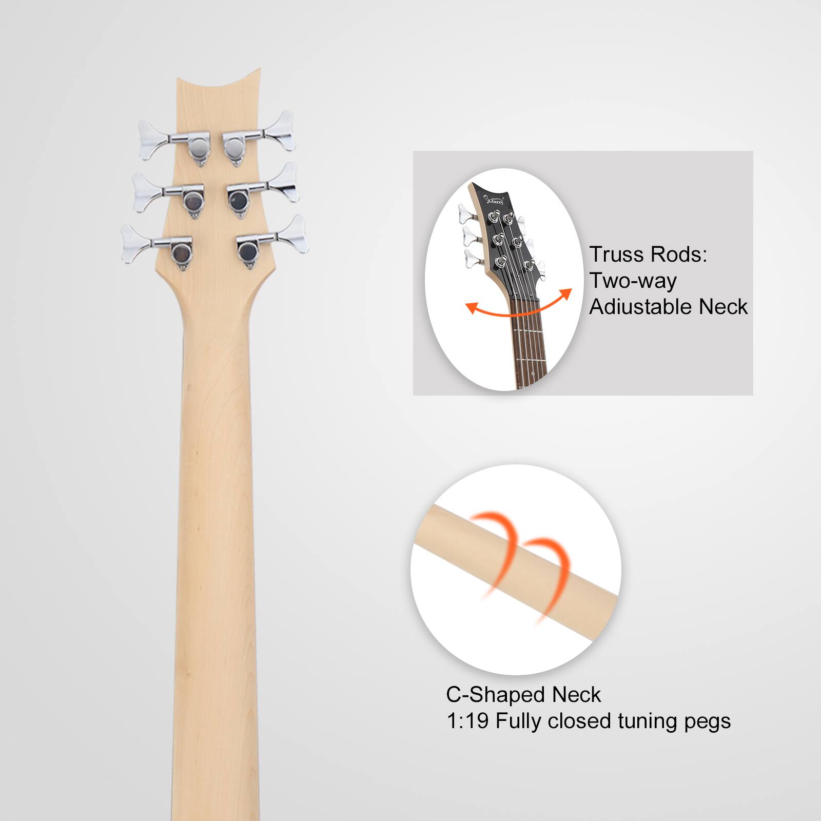 Truss Rods: Two-way Adjustable Neck

C-Shaped Neck

1:19 Fully closed tuning pegs