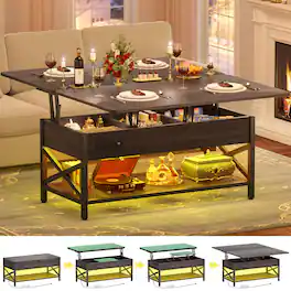 Aheaplus - Convertible Lift Top Coffee Table: LED Lights & Power Outlet, Multi-Function Center Table for Living Room - Black Walnut
