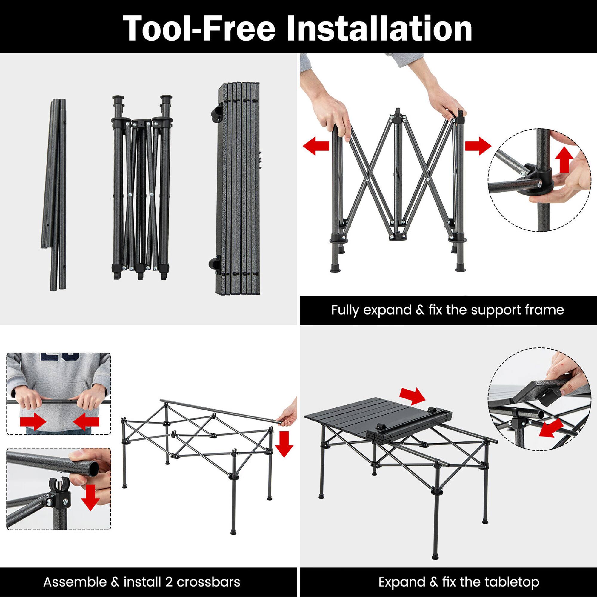 Tool-Free Installation

1. Fully expand & fix the support frame
2. Assemble & install 2 crossbars
3. Expand & fix the tabletop