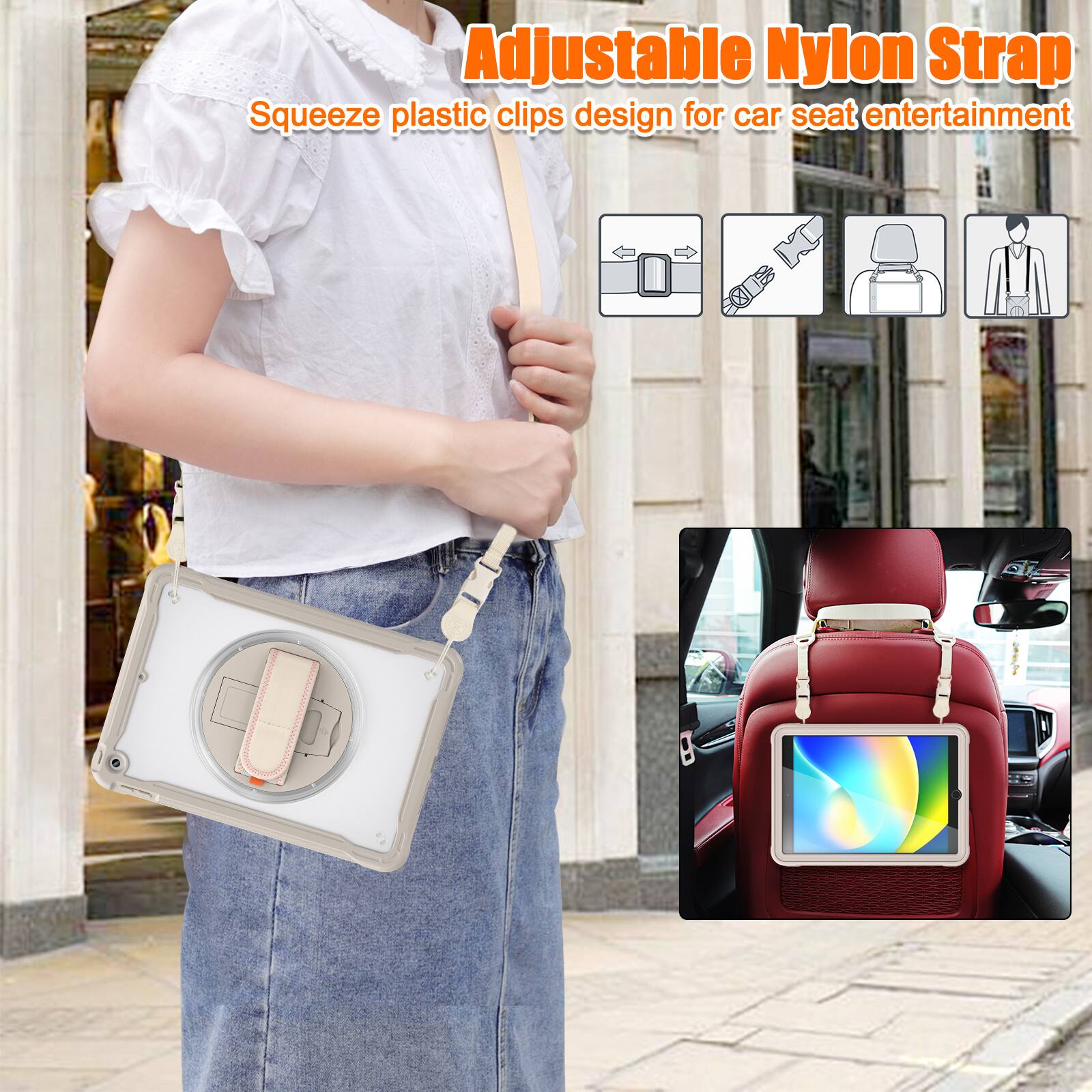 Adjustable Nylon Strap  
Squeeze plastic clips design for car seat entertainment
