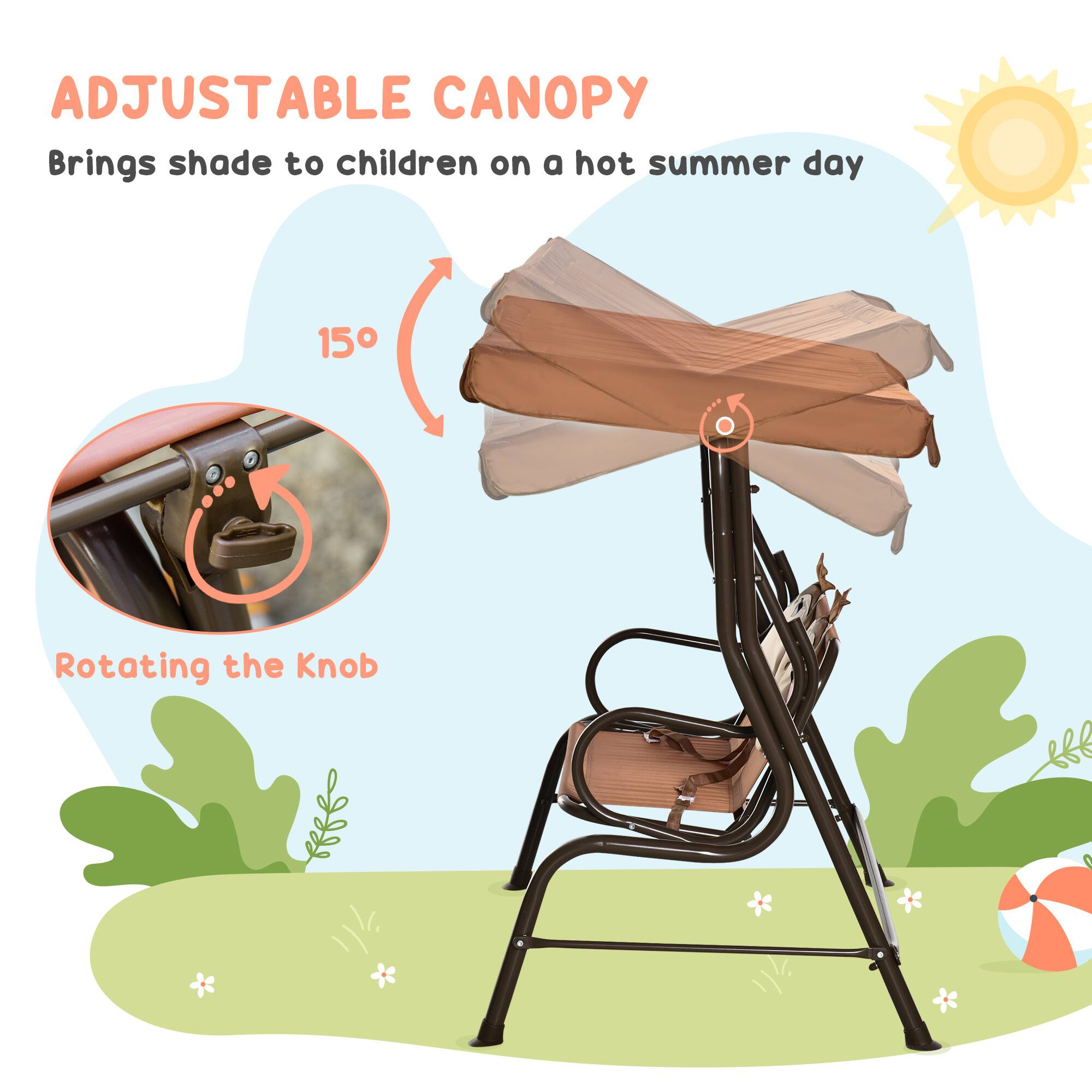 ADJUSTABLE CANOPY  
Brings shade to children on a hot summer day  

15°  

Rotating the Knob