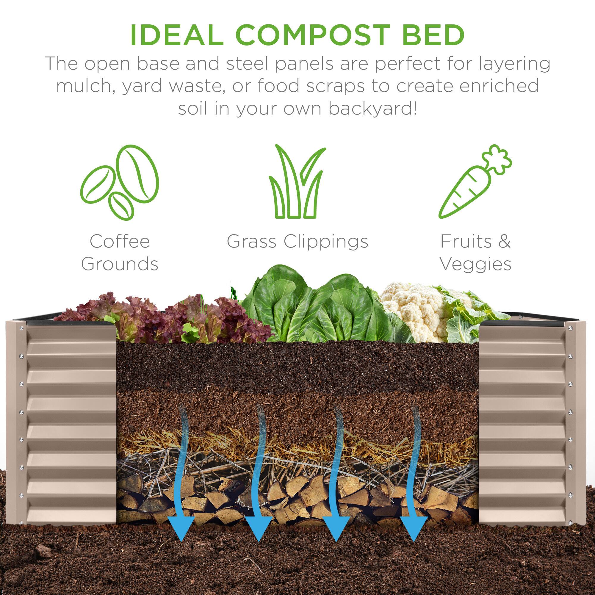 IDEAL COMPOST BED

The open base and steel panels are perfect for layering mulch, yard waste, or food scraps to create enriched soil in your own backyard!

- Coffee Grounds
- Grass Clippings
- Fruits & Veggies