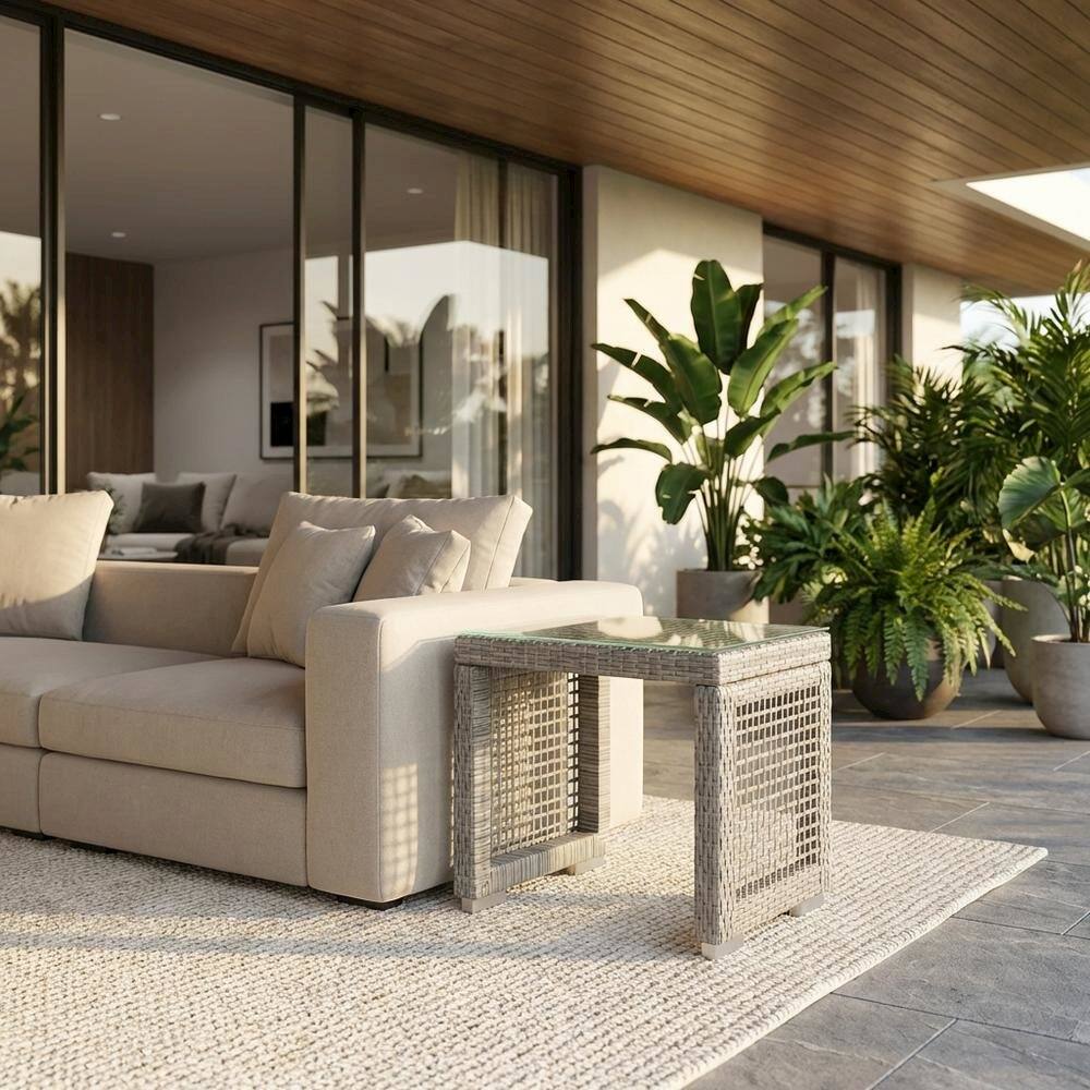 Angle. Outdoor Escape - Wicker Rattan Outdoor Side Table in Neutral Finish with Weather-Resistant Design - Gray.
