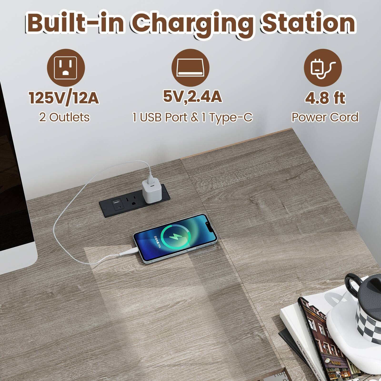 Built-in Charging Station  
125V/12A  
2 Outlets  
5V, 2.4A  
1 USB Port & 1 Type-C  
4.8 ft Power Cord