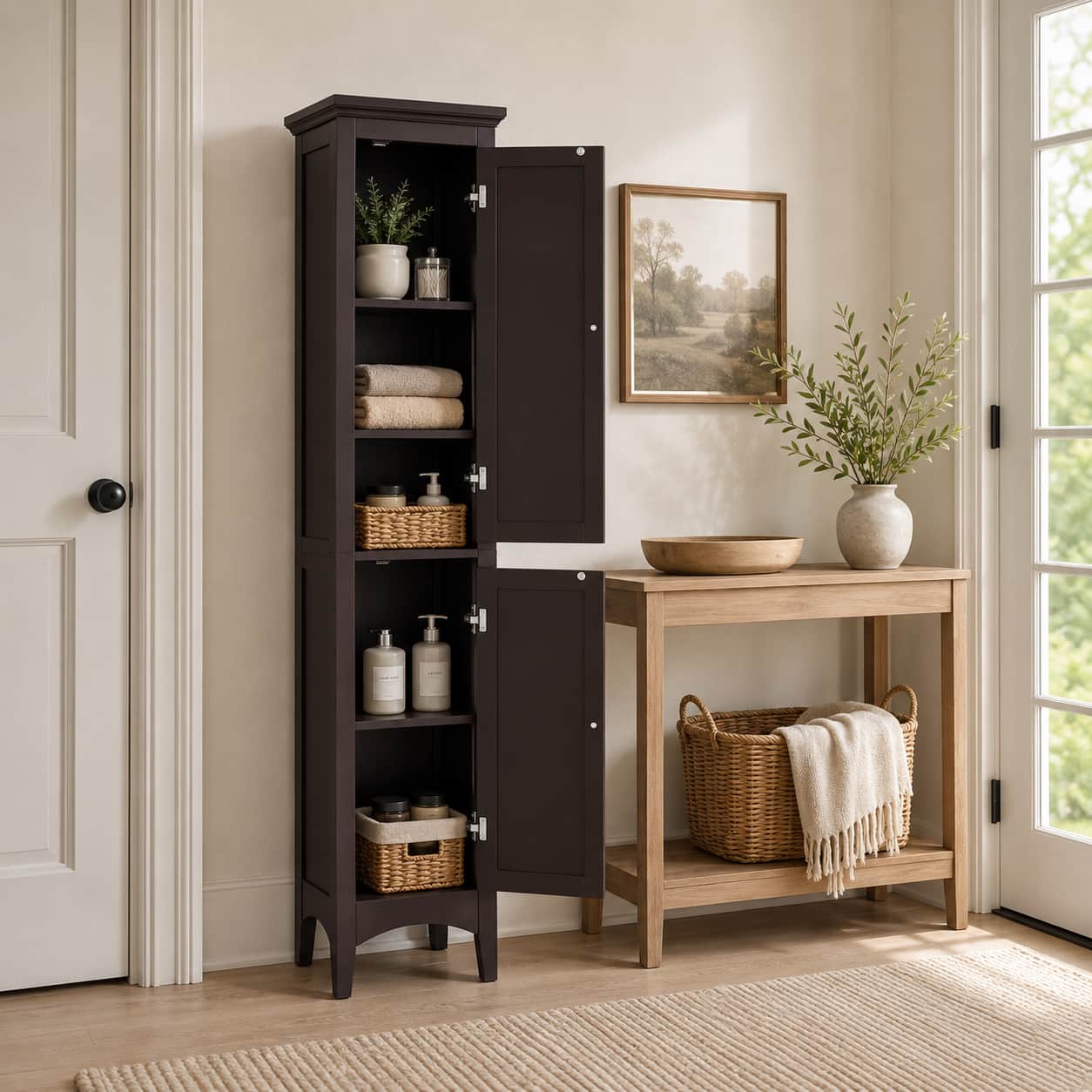 Teamson Home - Glancy Freestanding Linen Tower with Louvered Doors, Dark - Brown