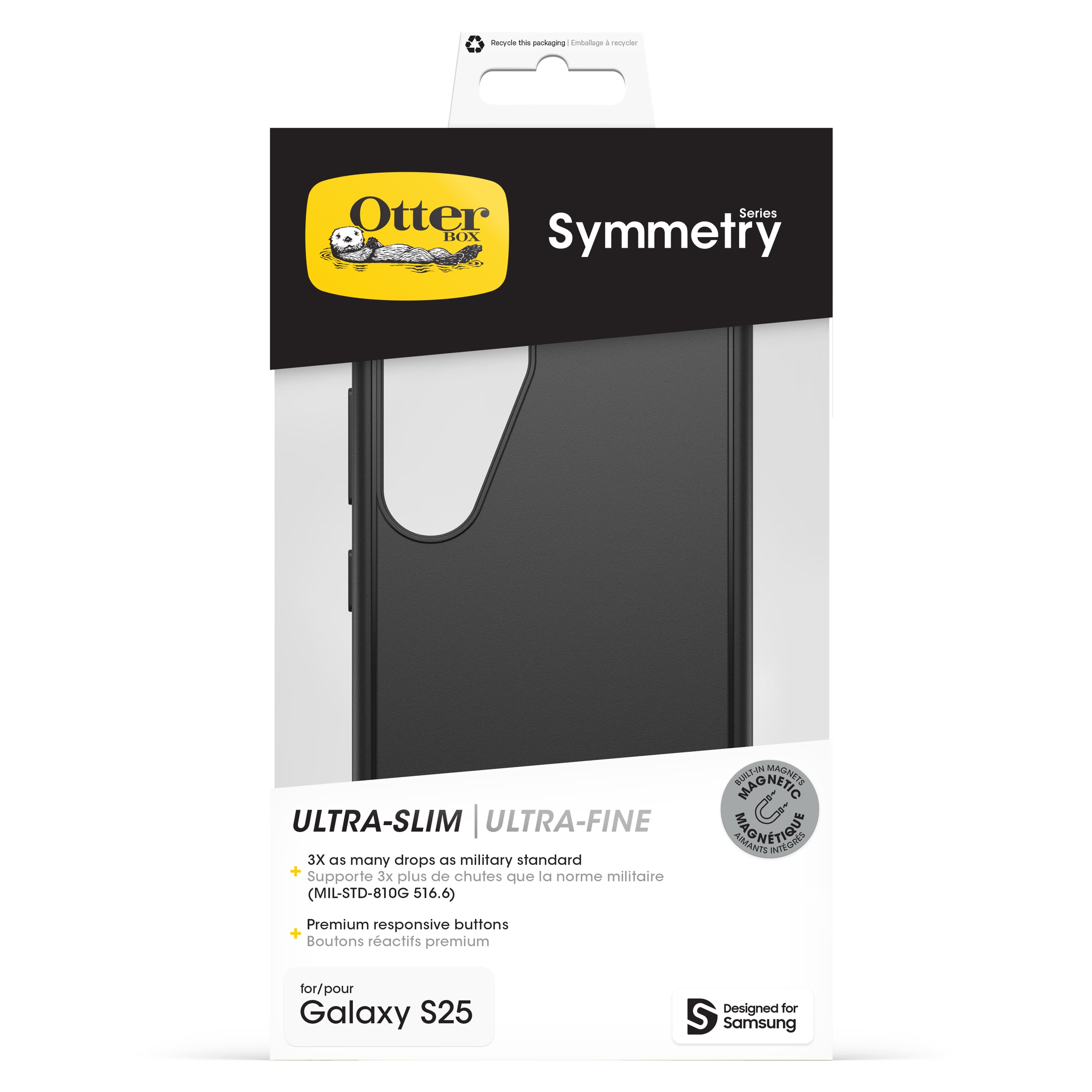 The text on the image reads: "decyda me gedtoging Enbolnge - neyrtter Otter Series BOX Symmetry ULTRA-SLIM ULTRA-FINE 3X as many drops as military standard + de chutes la militaire Supporte 3x plus que norme (MIL-STD-810G 516.6) BULTIN MAGNETIO MADNETS AIGANTS SNONETION AEORES Premium responsive buttons + Boutons ractifs premium for/pour Galaxy S25 Designed for Samsung."