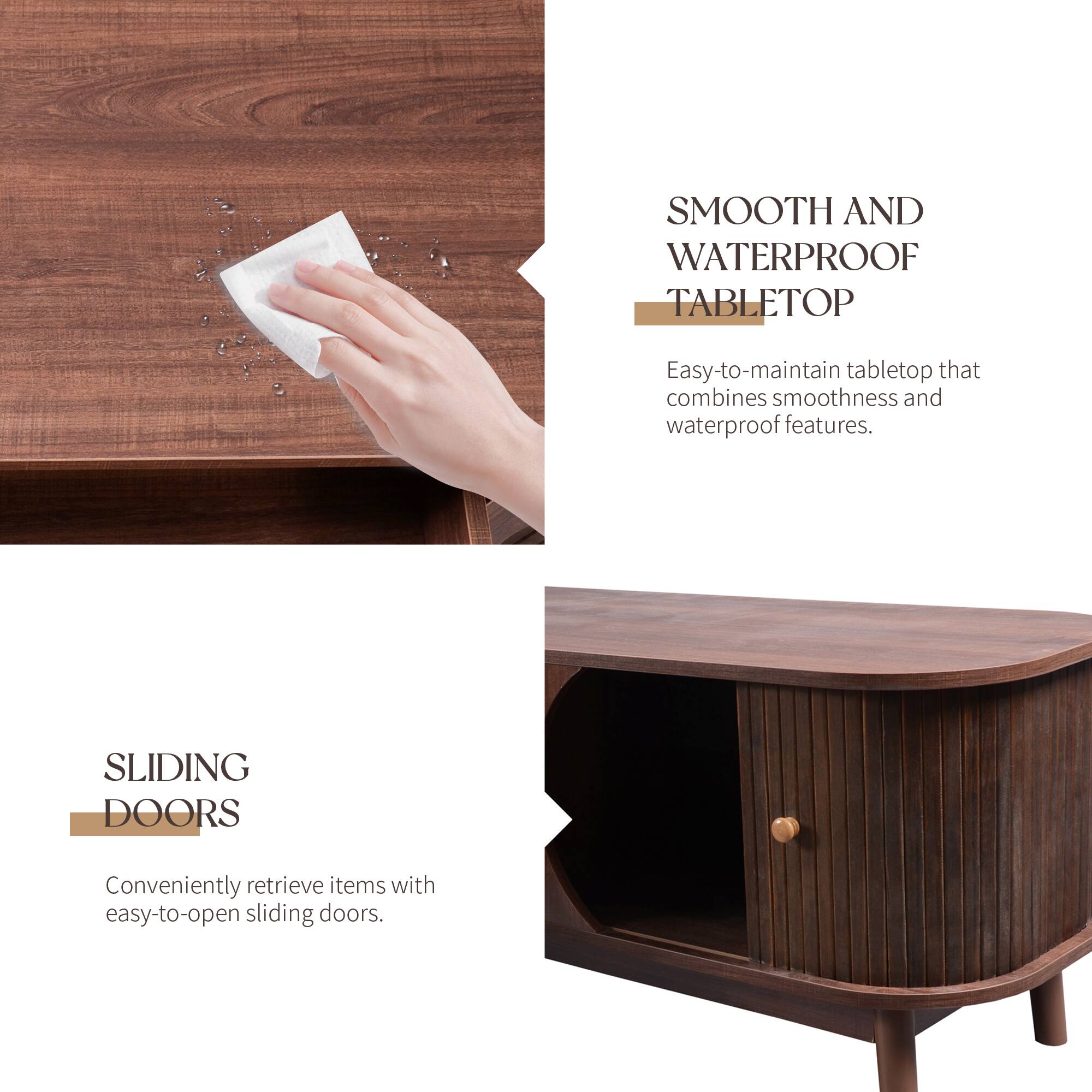 SMOOTH AND WATERPROOF TABLETOP  
Easy-to-maintain tabletop that combines smoothness and waterproof features.

SLIDING DOORS  
Conveniently retrieve items with easy-to-open sliding doors.