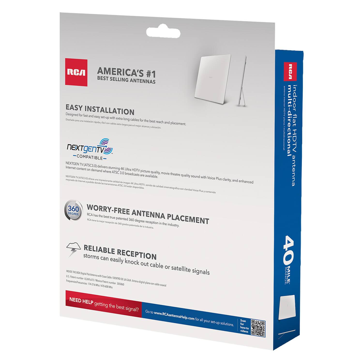 RCA AMERICA'S #1 BEST SELLING ANTENNAS

EASY INSTALLATION
Designed for fast and easy setup with extra-long cables for the best reach and placement.

NEXTGEN TV COMPATIBLE
NEXTGEN TV/ATSC 3.0 delivers stunning 4K Ultra HDTV picture quality, movie theatre quality sound with Voice Plus clarity, and enhanced dialogue.

WORRY-FREE ANTENNA PLACEMENT
RCA has the true best patented 360 degree reception in the industry.

RELIABLE RECEPTION
storms can easily knock out cable or satellite signals.

NEED HELP getting the best signal? Go to www.RCAantennaHelp.com for all your setup solutions.
