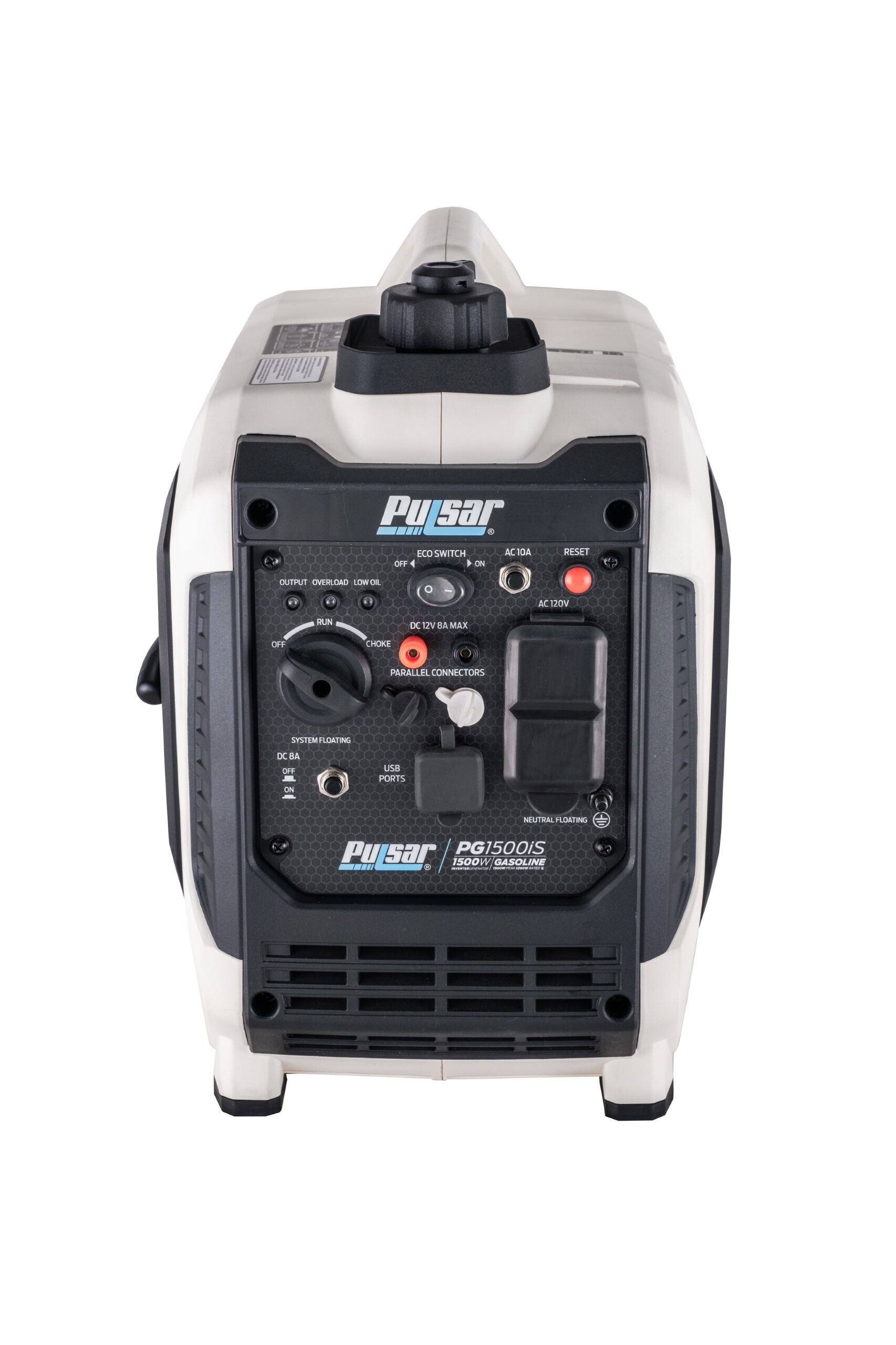 Pulsar PG1500iS 1500W Gasoline

- Pulsar SI 8 ECO
- Switch: Off, On
- AC 10A
- AC 120V
- DC 12V
- Max
- Choke
- Parallel Connectors
- System Floating DC BA
- Neutral Floating
- Output Overload Low Oil
- Eco Switch
- Reset
- USB Ports
- DC 12V BA
- DC 12V BA Off
- Ports Neutral Floating