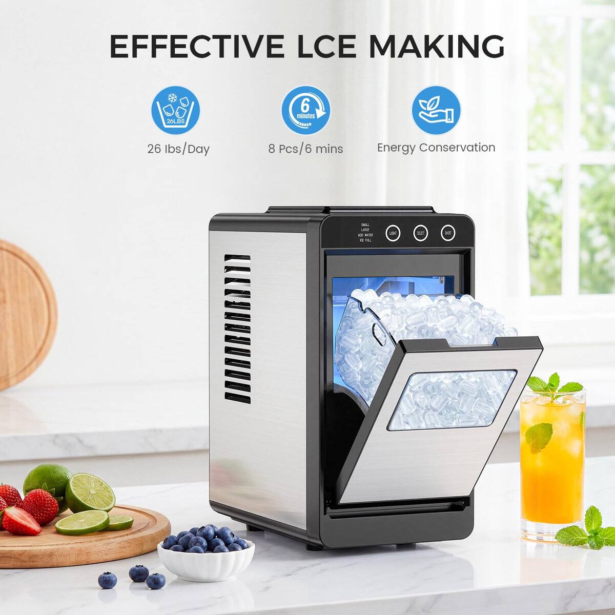 EFFECTIVE ICE MAKING

26 lbs/Day
8 Pcs/6 mins
Energy Conservation