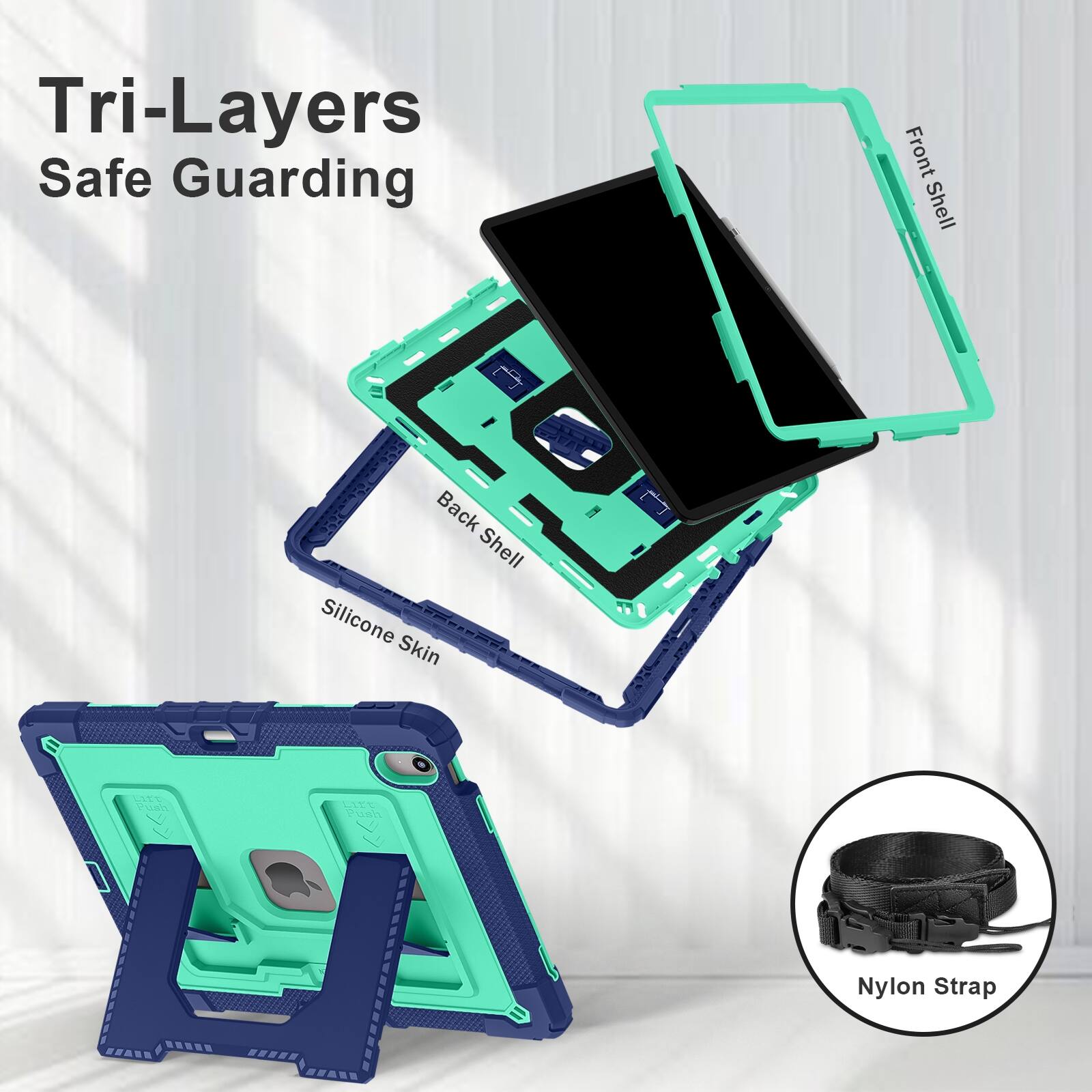 Tri-Layers Safe Guarding

Front Shell
Back Shell Silicone Skin
Lift Push
Nylon Strap