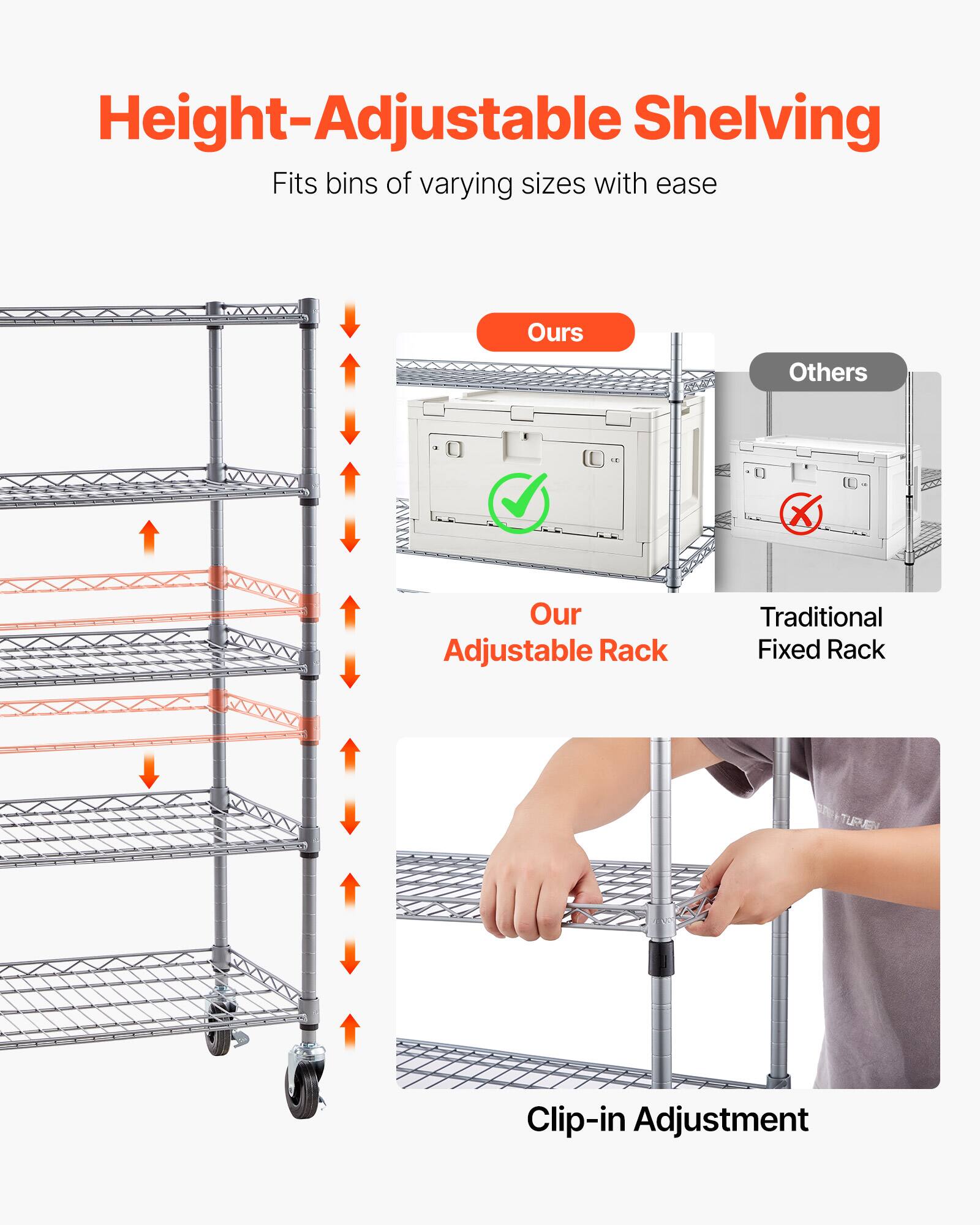Height-Adjustable Shelving  
Fits bins of varying sizes with ease  

Ours  
Our Adjustable Rack  

Others  
Traditional Fixed Rack  

Clip-in Adjustment