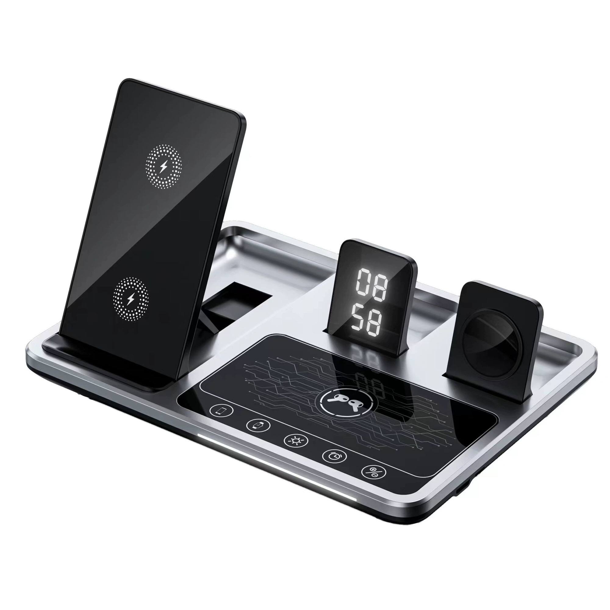 Front. YONWAY - Wireless Charging Dock, Charger Stand with Alarm Clock and White Ambient Lighting for iPhone, Apple Watch, AirPods.