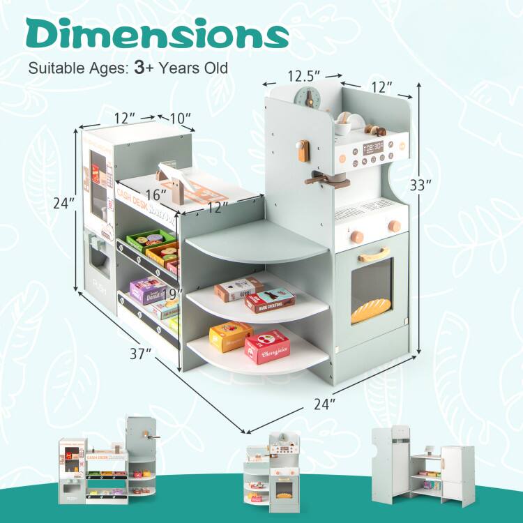 Dimensions  
Suitable Ages: 3+ Years Old  

- Width: 24"  
- Depth: 37"  
- Height: 33"  
- Width of Cash Desk: 16"  
- Depth of Cash Desk: 12"  
- Height of Cash Desk: 12"  
- Width of Oven: 12.5"  
- Depth of Oven: 12"  
- Height of Oven: 10"