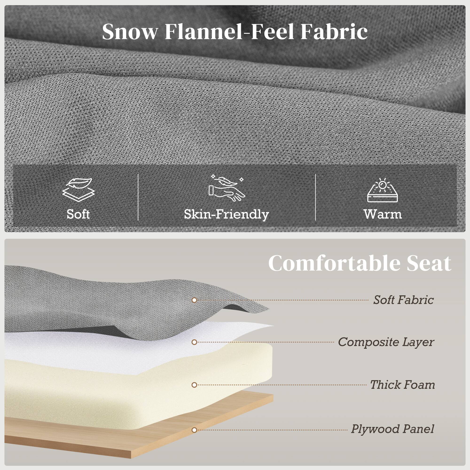 Snow Flannel-Feel Fabric

- Soft
- Skin-Friendly
- Warm

Comfortable Seat

- Soft Fabric
- Composite Layer
- Thick Foam
- Plywood Panel