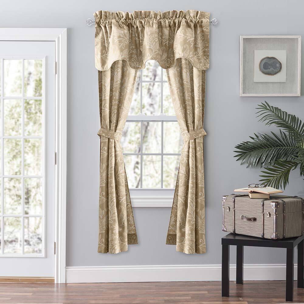 Angle. Ellis Curtain - Ellis Curtain Lexington Leaf Pattern on Colored Ground Scallop Valance 58"x15" Tan - Tan.