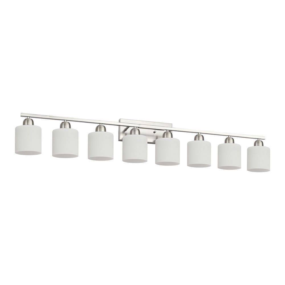 Angle. Kadyn - 8-Light Bathroom Light Fixtures, 52inch Nickel Vanity Light with Milky White Glass Shade, Modern Bathroom Wall Lights - Silver.