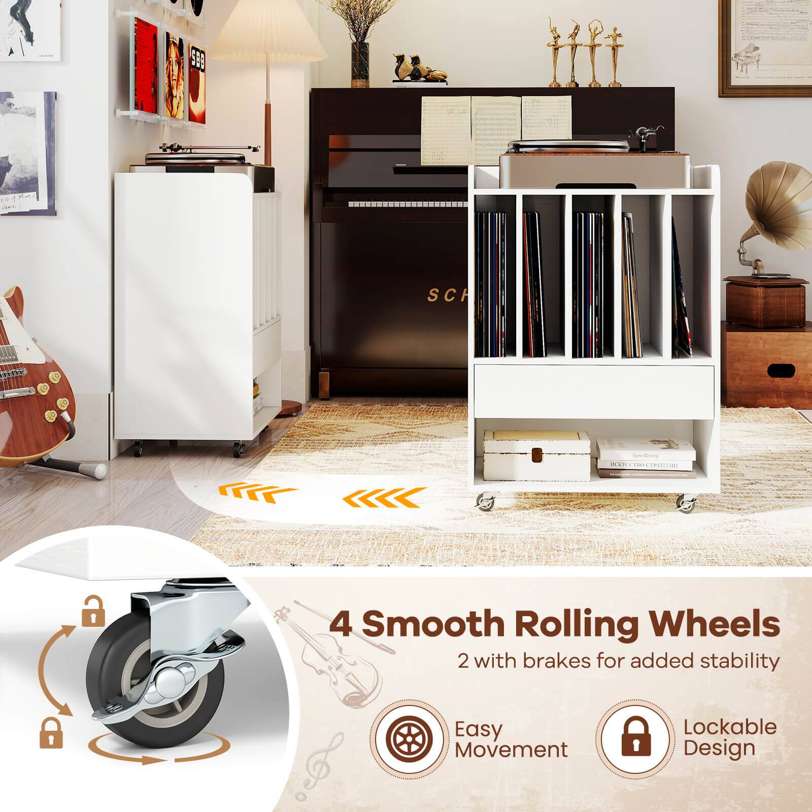 4 Smooth Rolling Wheels  
2 with brakes for added stability  
Easy Movement  
Lockable Design