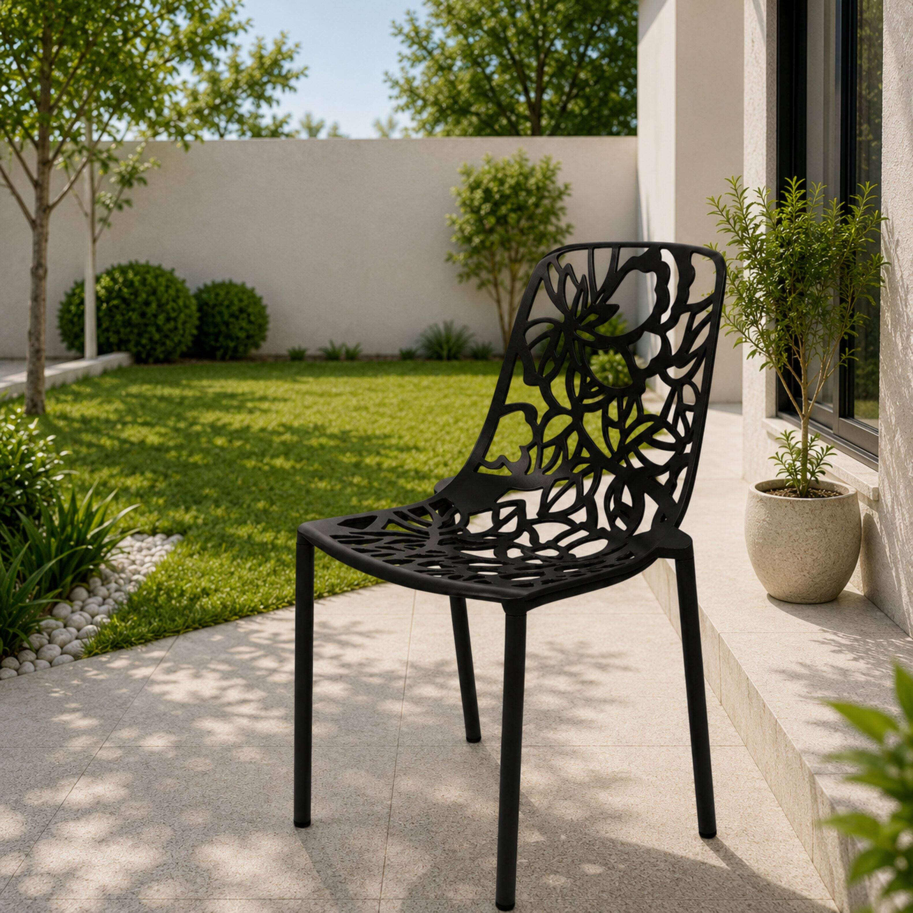 Left. LeisureMod - Devon (Set of 2) Aluminum Outdoor Dining Chair, UV Resistant & Stackable Floral Design Accent Chair - Fully Assembled - Black.