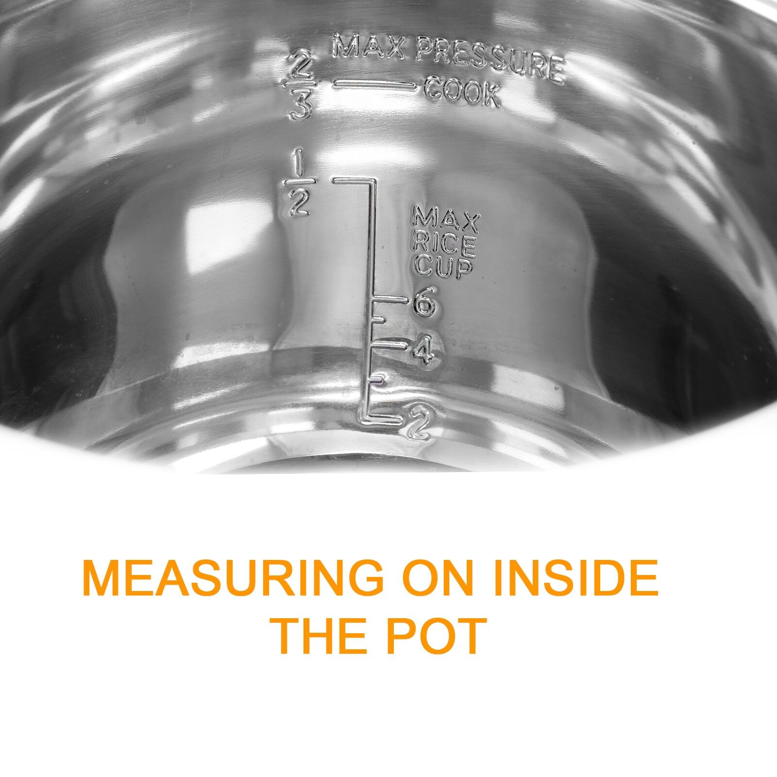 MAX PRESSURE 3 COOK 1 1/2 MAX RICE CUP 6 4 2 MEASURING ON INSIDE THE POT